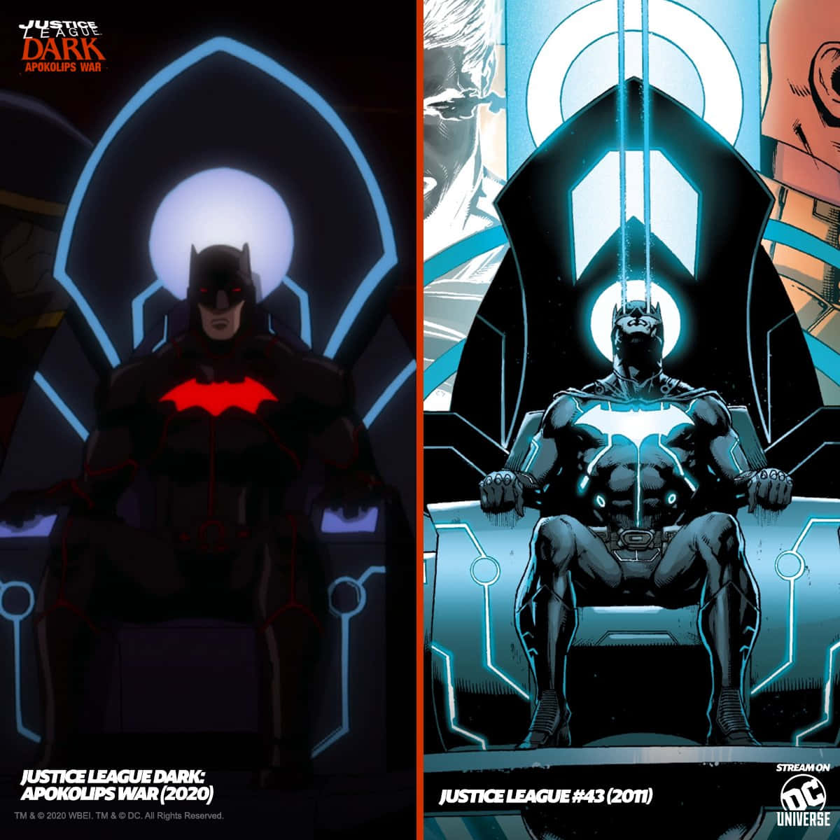 The Justice League Dark 桌布 壁紙 — 蝙蝠俠威嚴地坐在發光的王座上，呈現兩種對比風格：左邊是黑暗動畫風格，右邊是漫畫風格。