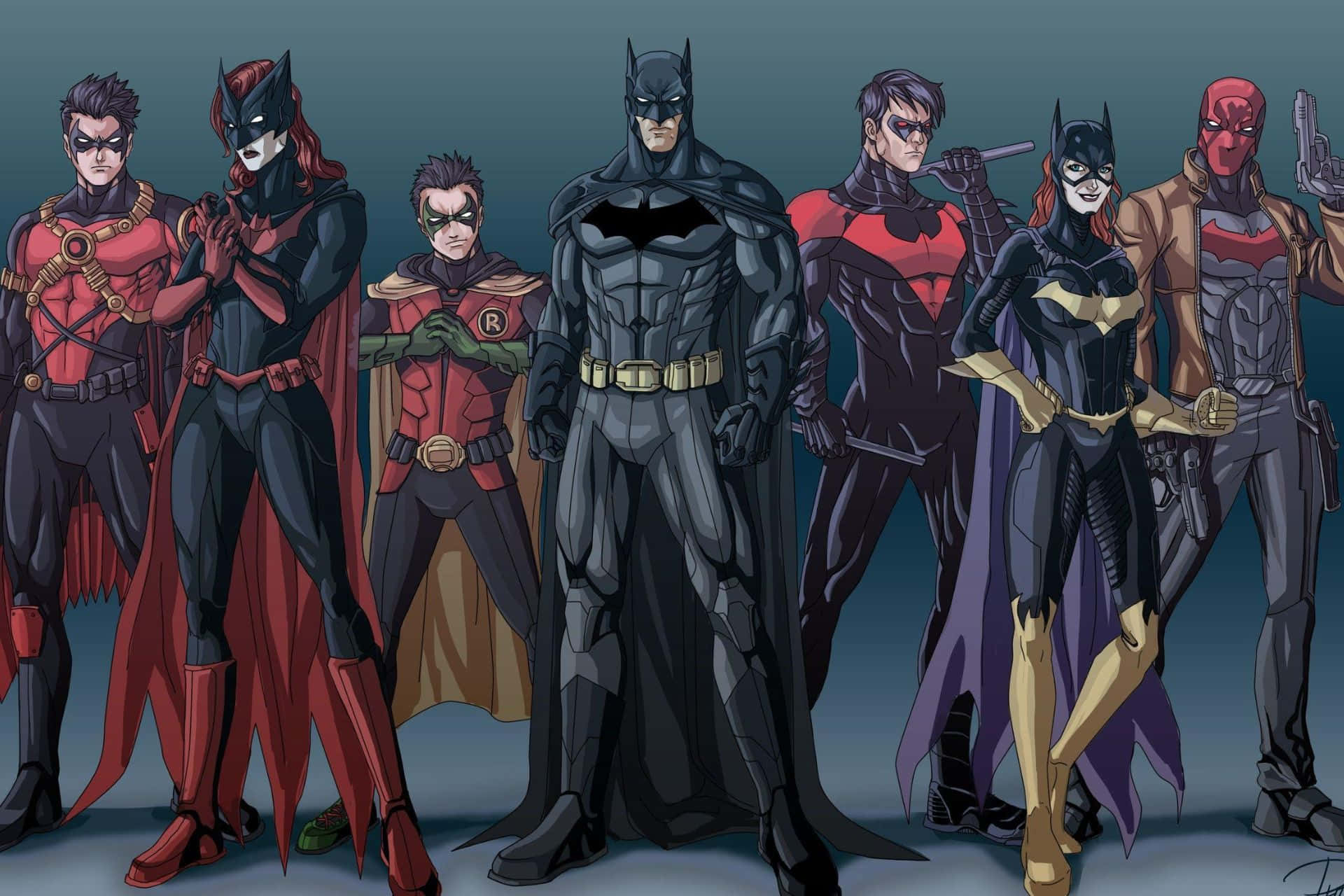 Bat-family 桌布 壁紙 — 蝙蝠俠家族英雄以動感姿勢排列在柔和的青綠色背景前。