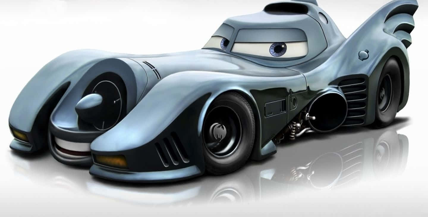 反光表面上的動畫蝙蝠車，帶有眼睛和翅膀