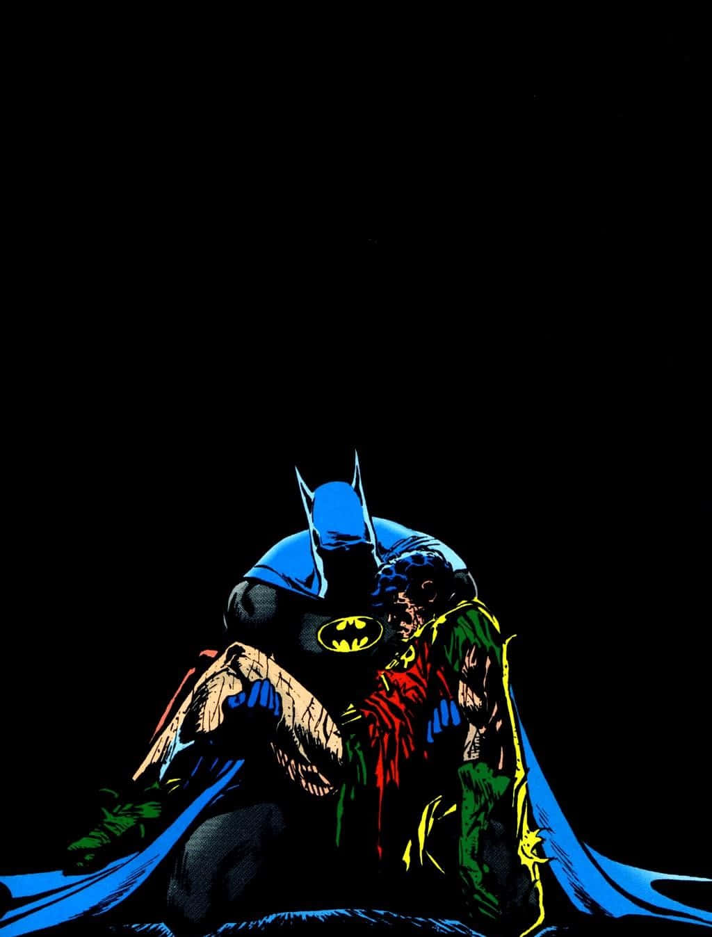 Batman Death In The Family 桌布 壁紙 — 蝙蝠俠懷抱著血跡斑斑的羅賓，在一個黑暗且充滿情感的漫畫格中。