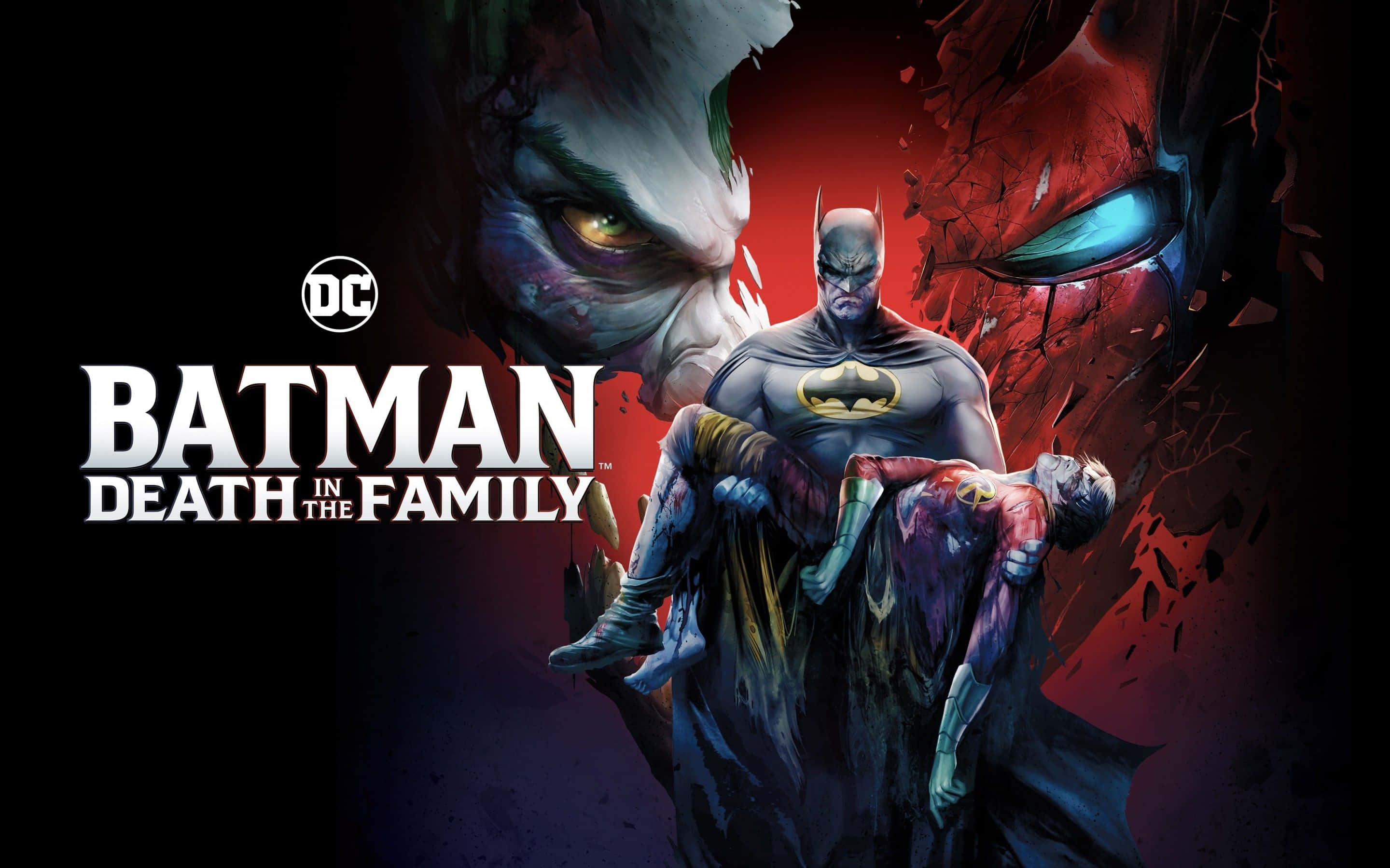 Batman Death In The Family 桌布 壁紙 — 蝙蝠俠抱著一個血淋淋的人物，小丑和紅頭罩在暗紅和黑色的漫畫場景中威脅性地潛伏。