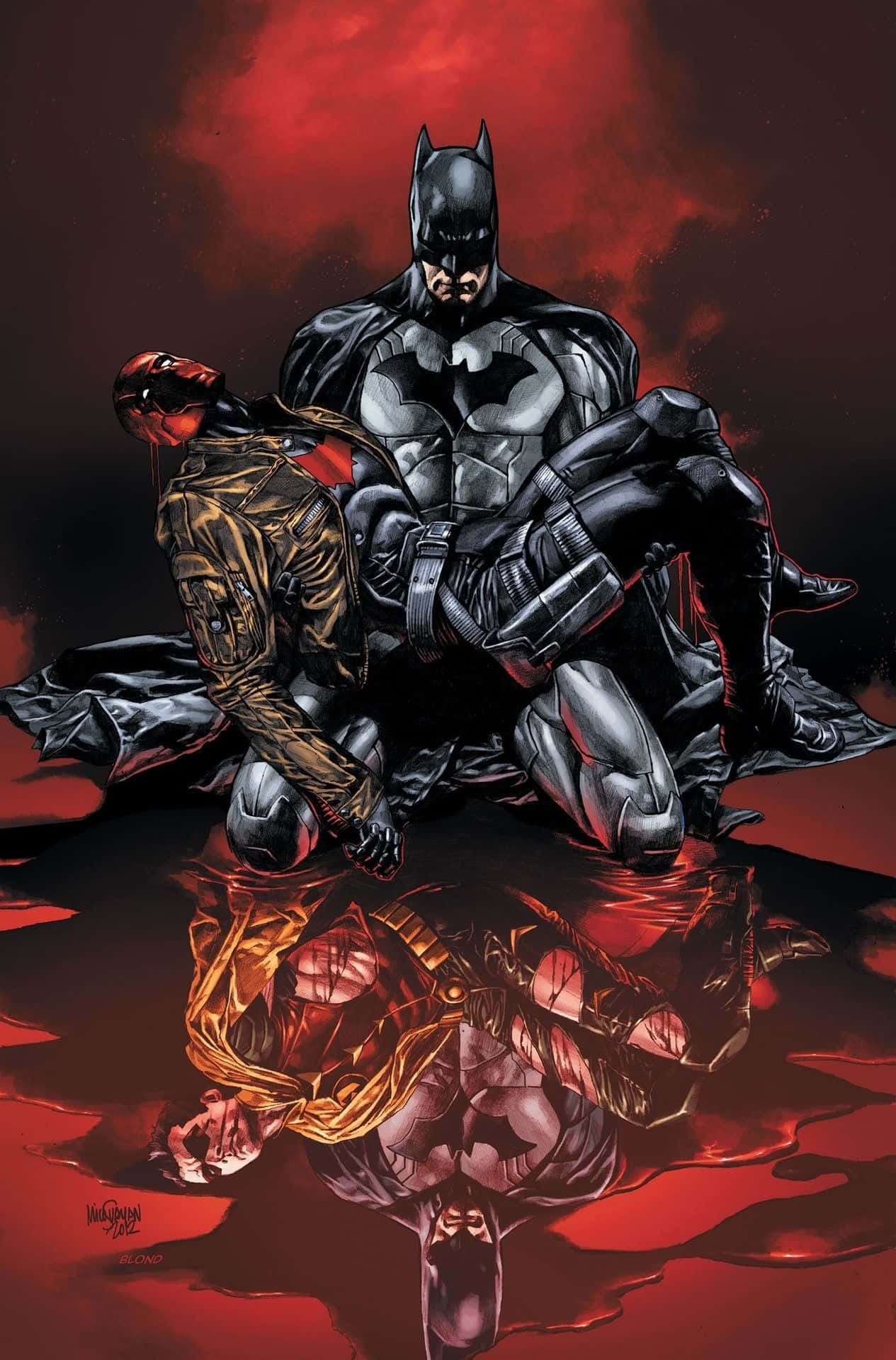 Batman Death In The Family 桌布 壁紙 — 蝙蝠俠抱著受傷的紅頭罩，背景是血紅色的天空，下方深紅色的水坑中映出他們扭曲的倒影。