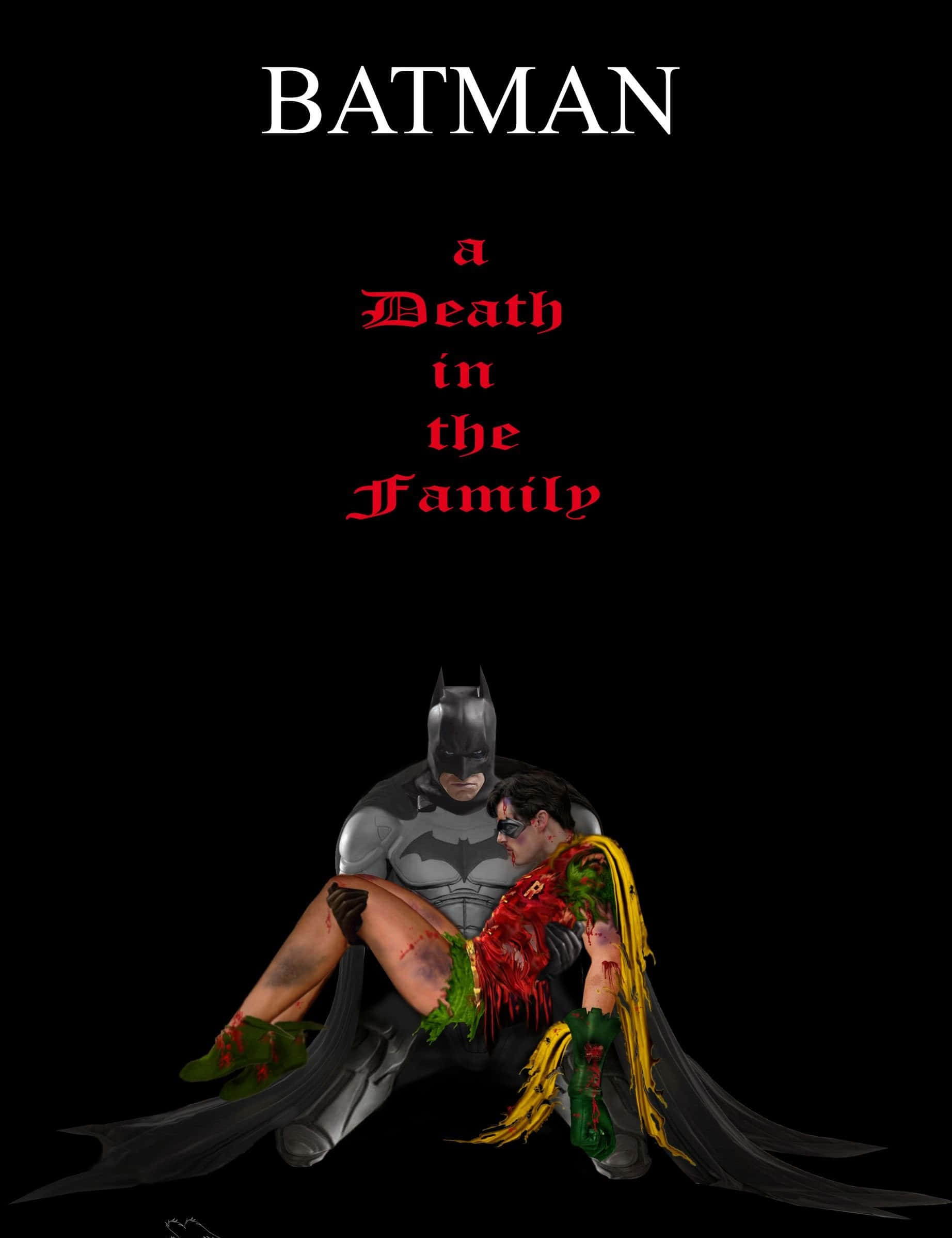 Batman Death In The Family 桌布 壁紙 — 蝙蝠俠抱著血跡斑斑的羅賓，背景為黑色，紅色文字寫著「a Death in the Family」。