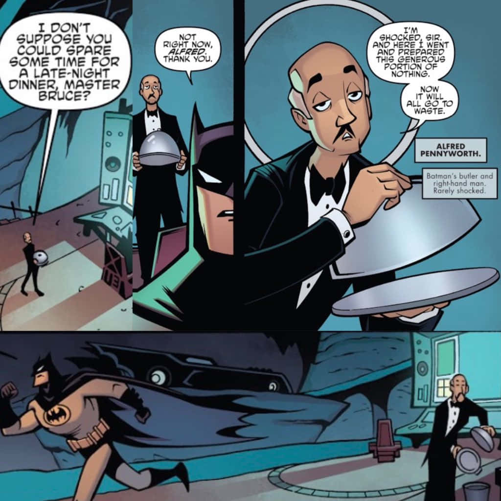 Alfred Pennyworth 桌布 壁紙 — 蝙蝠俠拒絕了阿爾弗雷德的晚餐邀請，披著斗篷疾馳穿過高科技巢穴。
