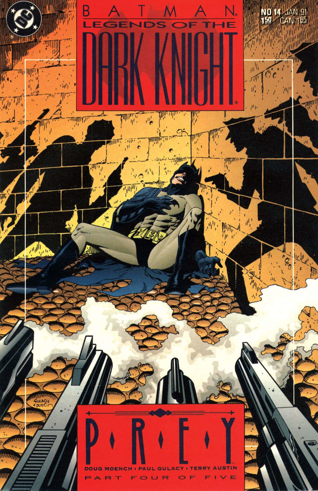 Legends Of The Dark Knight 桌布 壁紙 — 蝙蝠俠挑釁地坐在瓦礫上，多支槍管指向他，背景是破裂的磚牆。