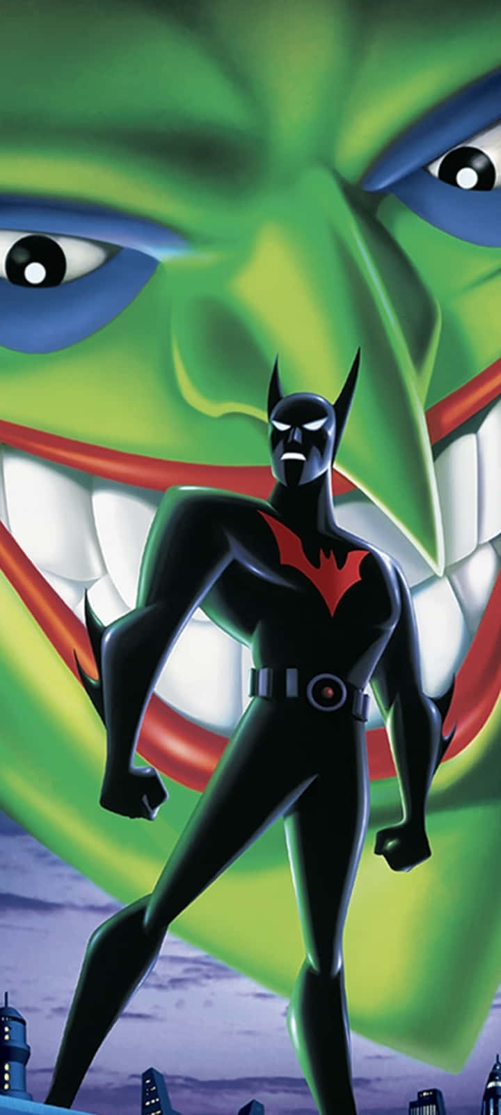 Batman Beyond Return Of The Joker 桌布 壁紙 — 蝙蝠俠挑釁地站在一個巨大、帶有鋒利牙齒和發光眼睛的綠色威脅面孔前。