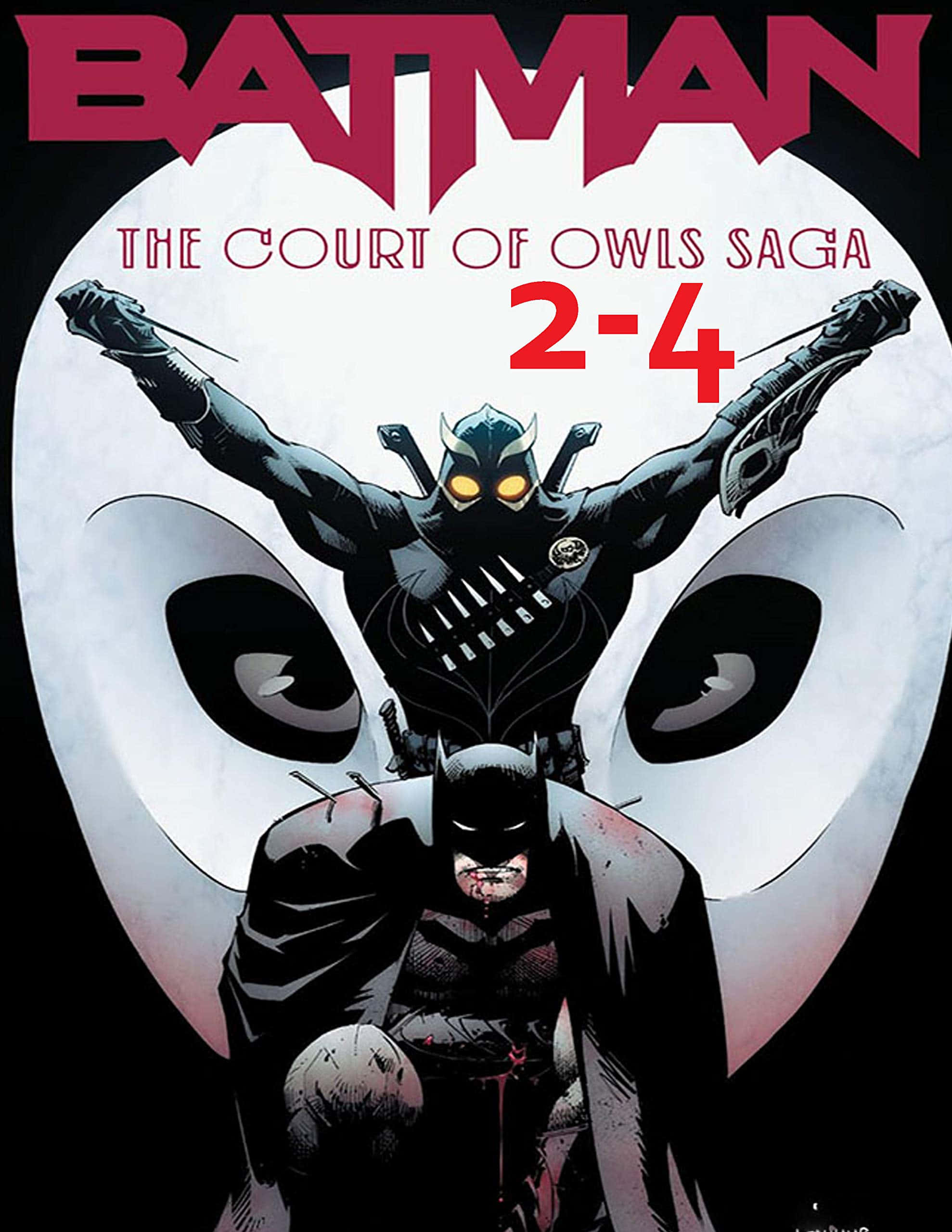 The Court Of Owls 桌布 壁紙 — 蝙蝠俠挑釁地站在戴著貓頭鷹面具、眼睛發光、雙臂伸展的貓頭鷹法庭面前。