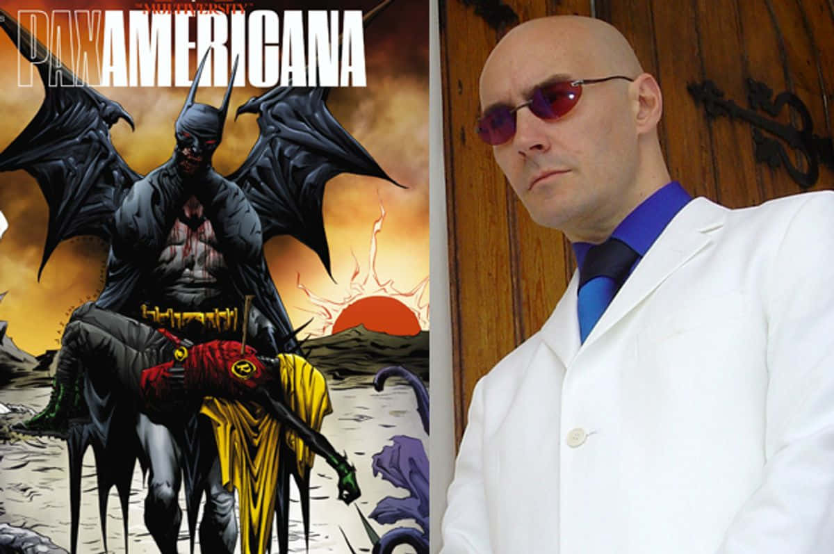 Grant Morrison 桌布 壁紙 — 蝙蝠俠漫畫封面，蝙蝠翅膀在夕陽之上，旁邊是一位身穿白外套、戴紅色太陽眼鏡的男子。