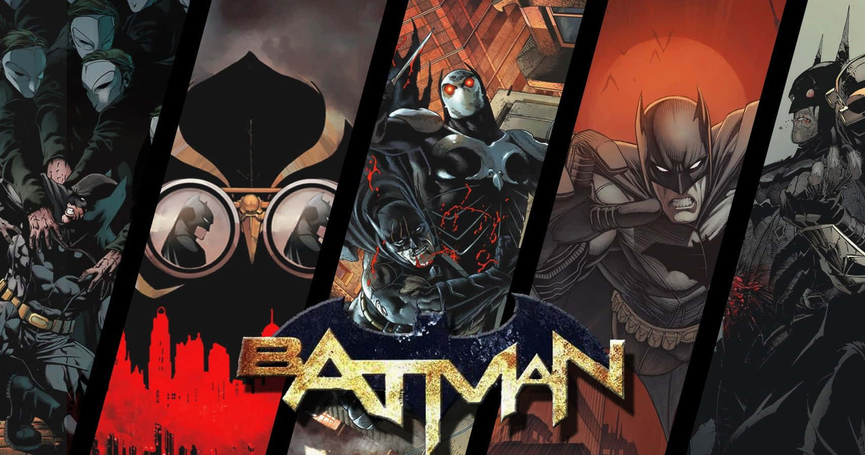 The Court Of Owls 桌布 壁紙 — 蝙蝠俠漫畫角色以動態姿勢分佈在對角線面板上，帶有鮮明的紅色和深色調。