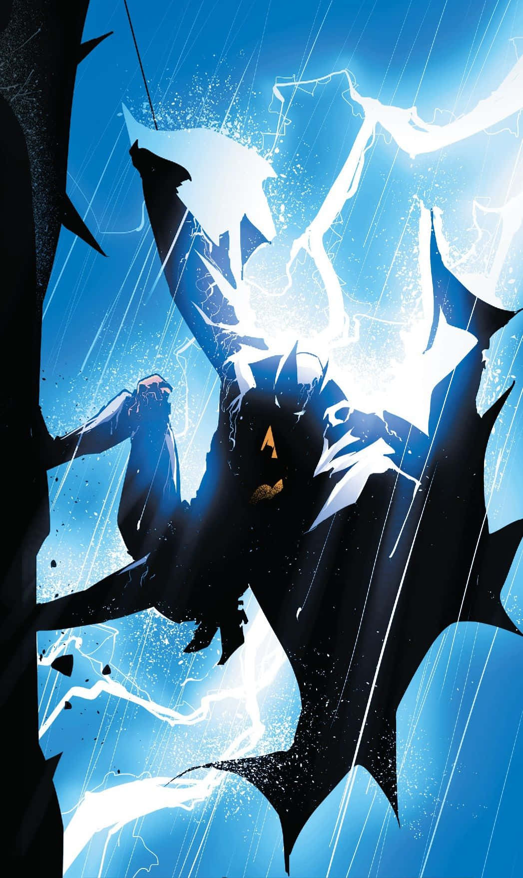 Batman The New 52 桌布 壁紙 — 蝙蝠俠的黑色剪影在暴風雨的藍色天空中跳躍，閃電在他周圍劈開。