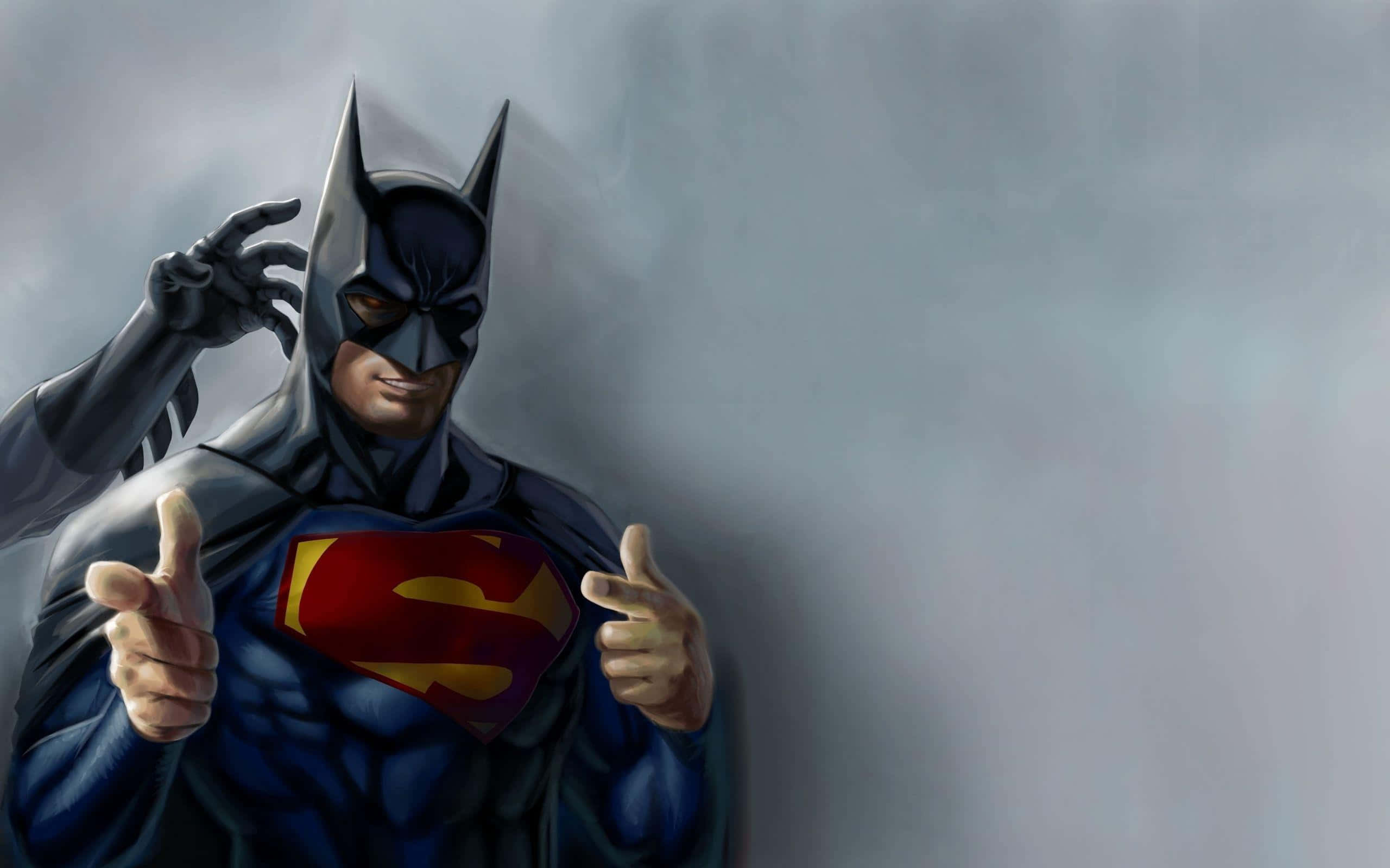 Cartoon Heroes 桌布 壁紙 — 蝙蝠俠穿著超人服裝，在煙霧彌漫的灰色背景前自信地豎起大拇指。