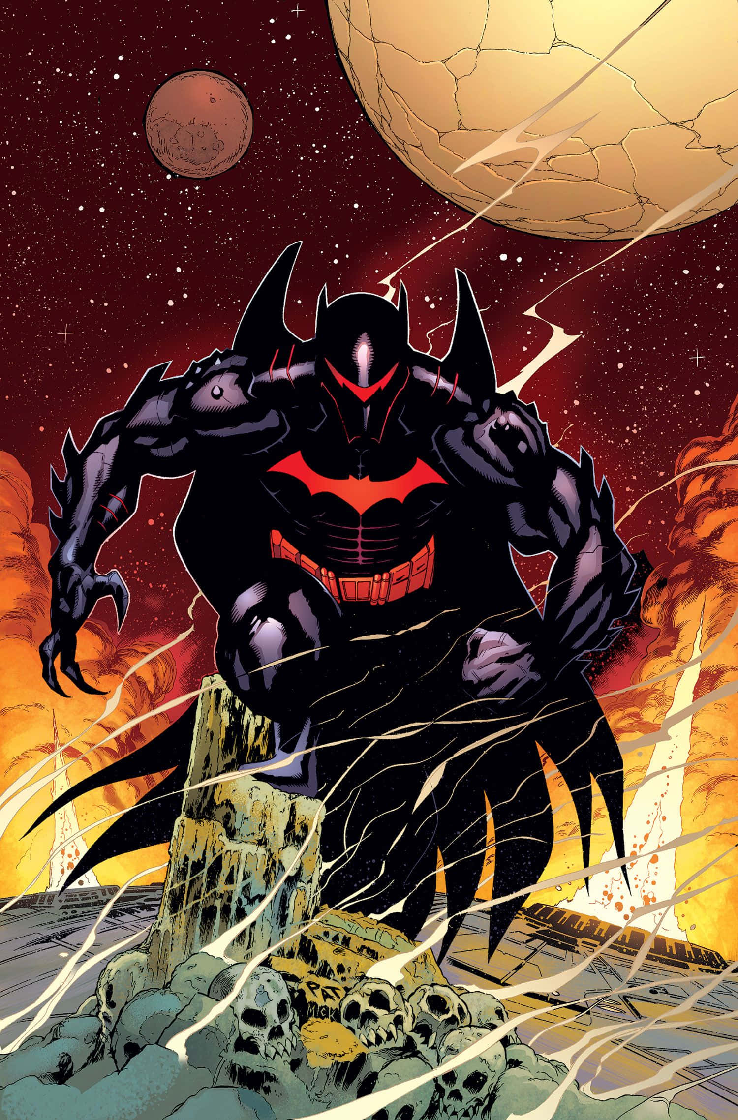 Batman The New 52 桌布 壁紙 — 蝙蝠俠站在一個散落著頭骨的廢墟上，頭上是裂開的月亮和紅色的星空，閃電在他周圍噼啪作響。