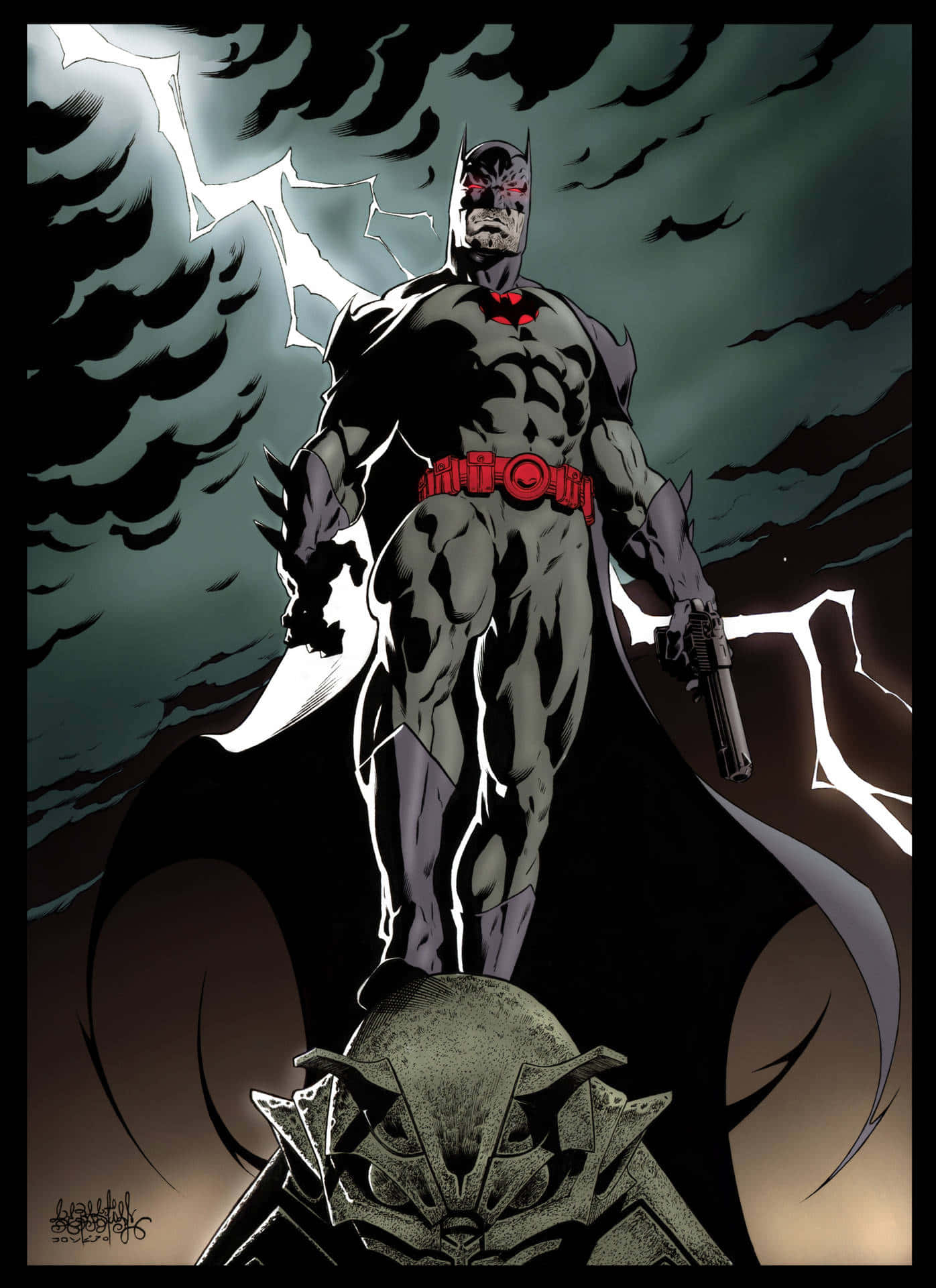 Justice League The Flashpoint Paradox 桌布 壁紙 — 蝙蝠俠站在一個破碎的蝙蝠標誌上，天空風雨交加，閃電在他周圍劈啪作響。
