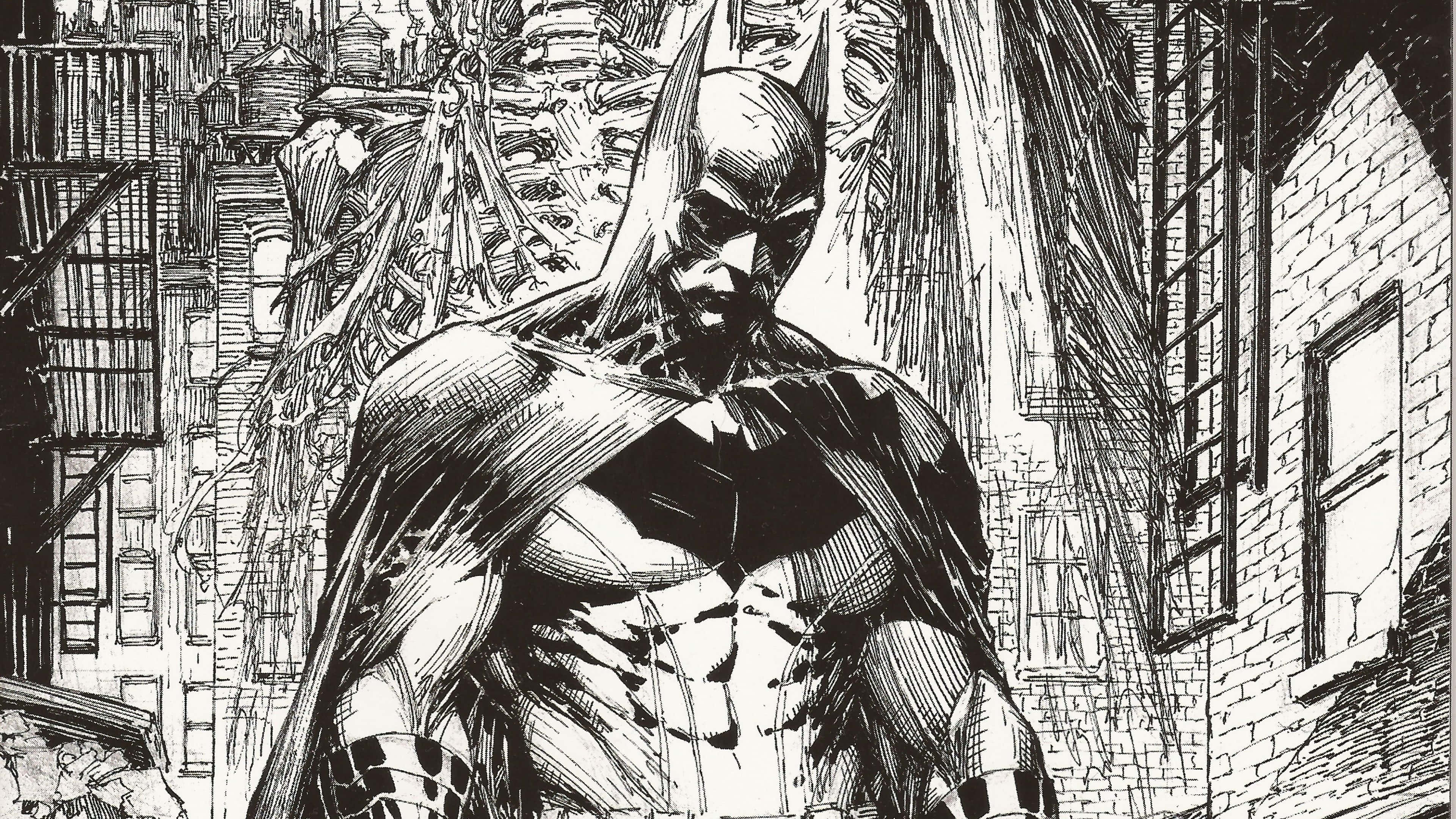 Batman Black And White 桌布 壁紙 — 蝙蝠俠站在一個粗糙的城市小巷中，以鮮明的黑白墨水風格呈現，帶有濃重的交叉陰影和戲劇性的陰影。