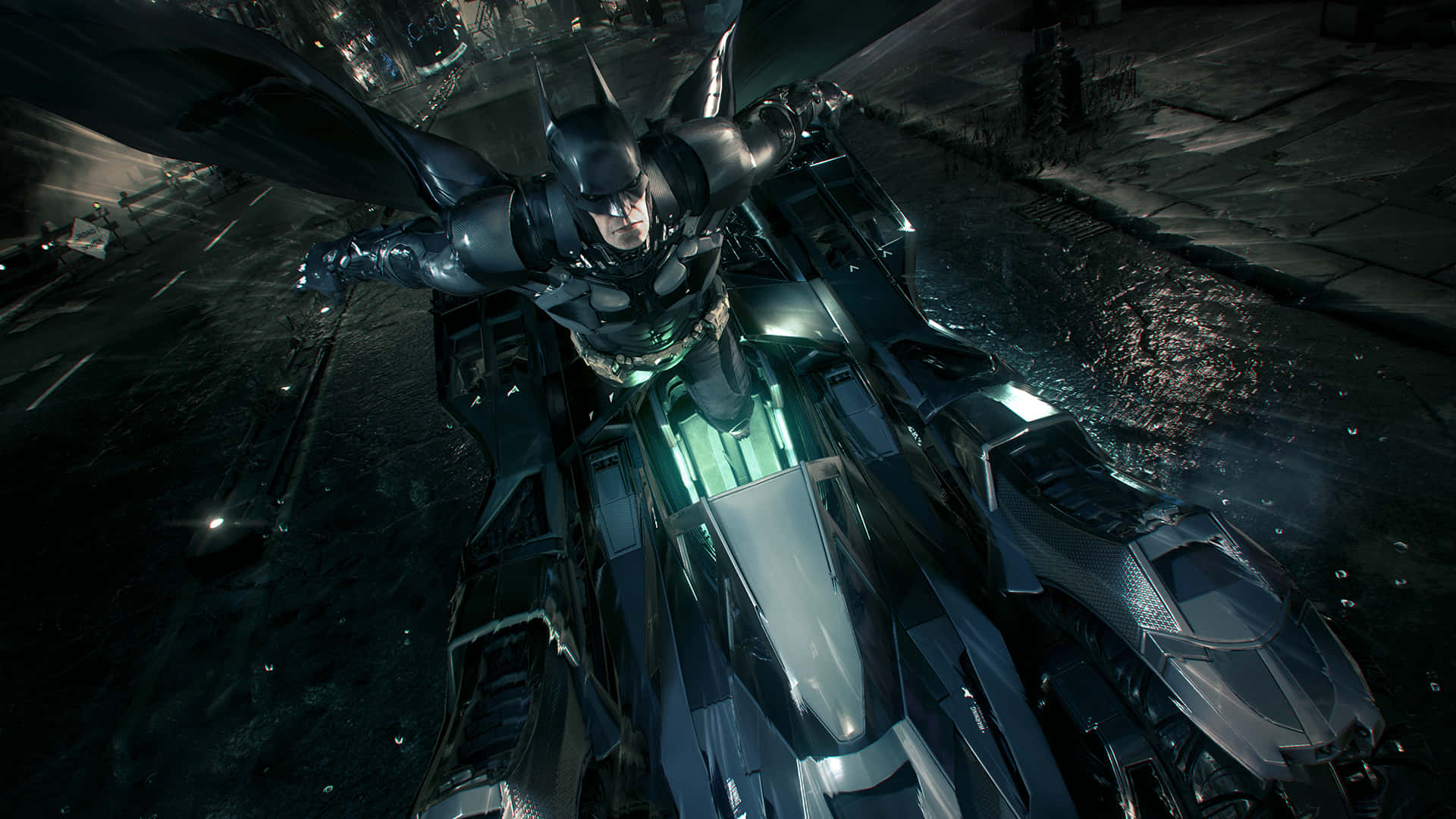 Superhero Video Games 桌布 壁紙 — 蝙蝠俠站在他時尚的蝙蝠車頂上，在夜晚雨濕的葛咸城小巷中，霓虹燈光反射。