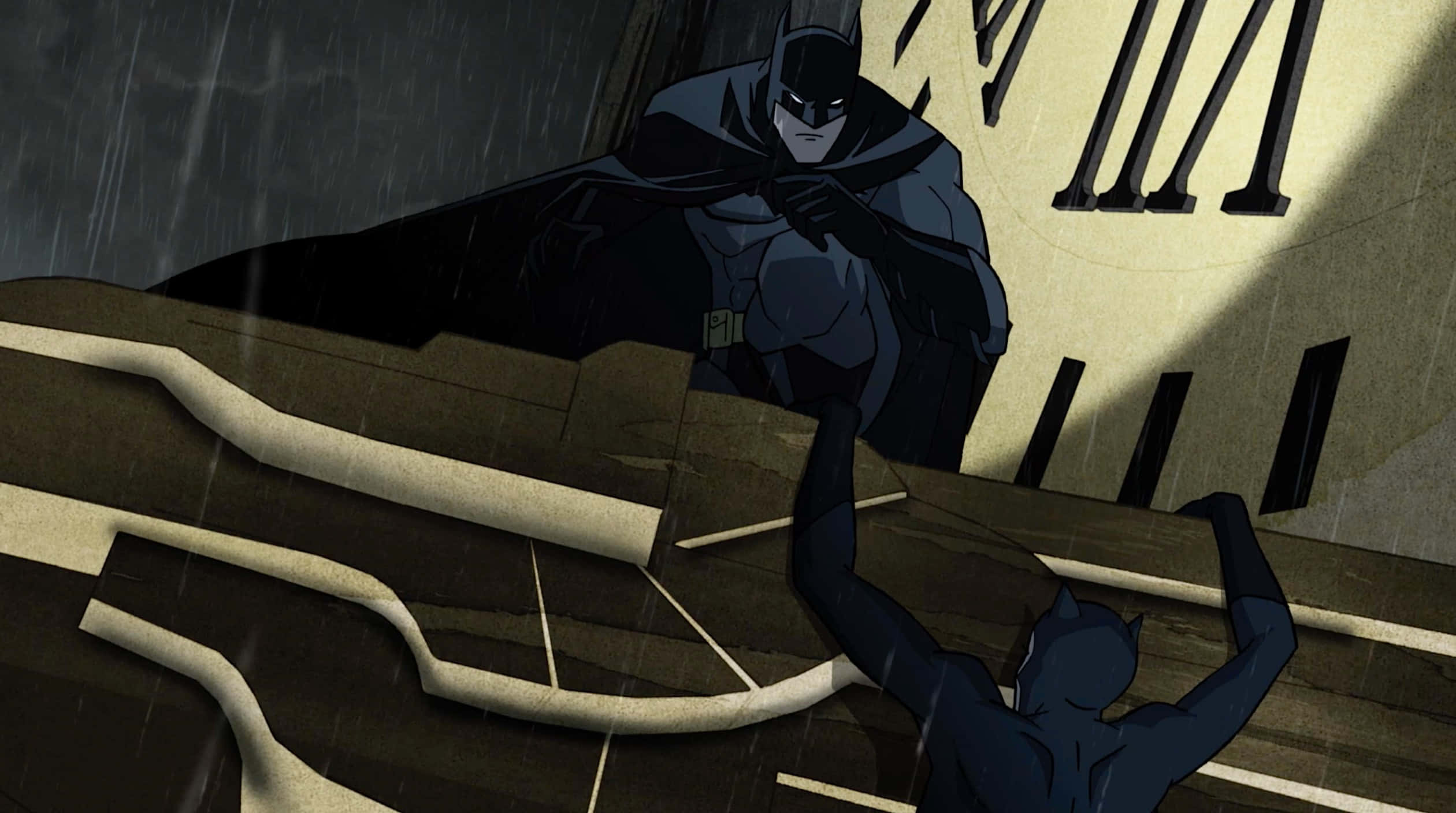 Batman The Long Halloween 桌布 壁紙 — 蝙蝠俠站在倒下的貓女之上，在雨淋濕的小巷中帶有戲劇性的陰影和粗糙的質感。
