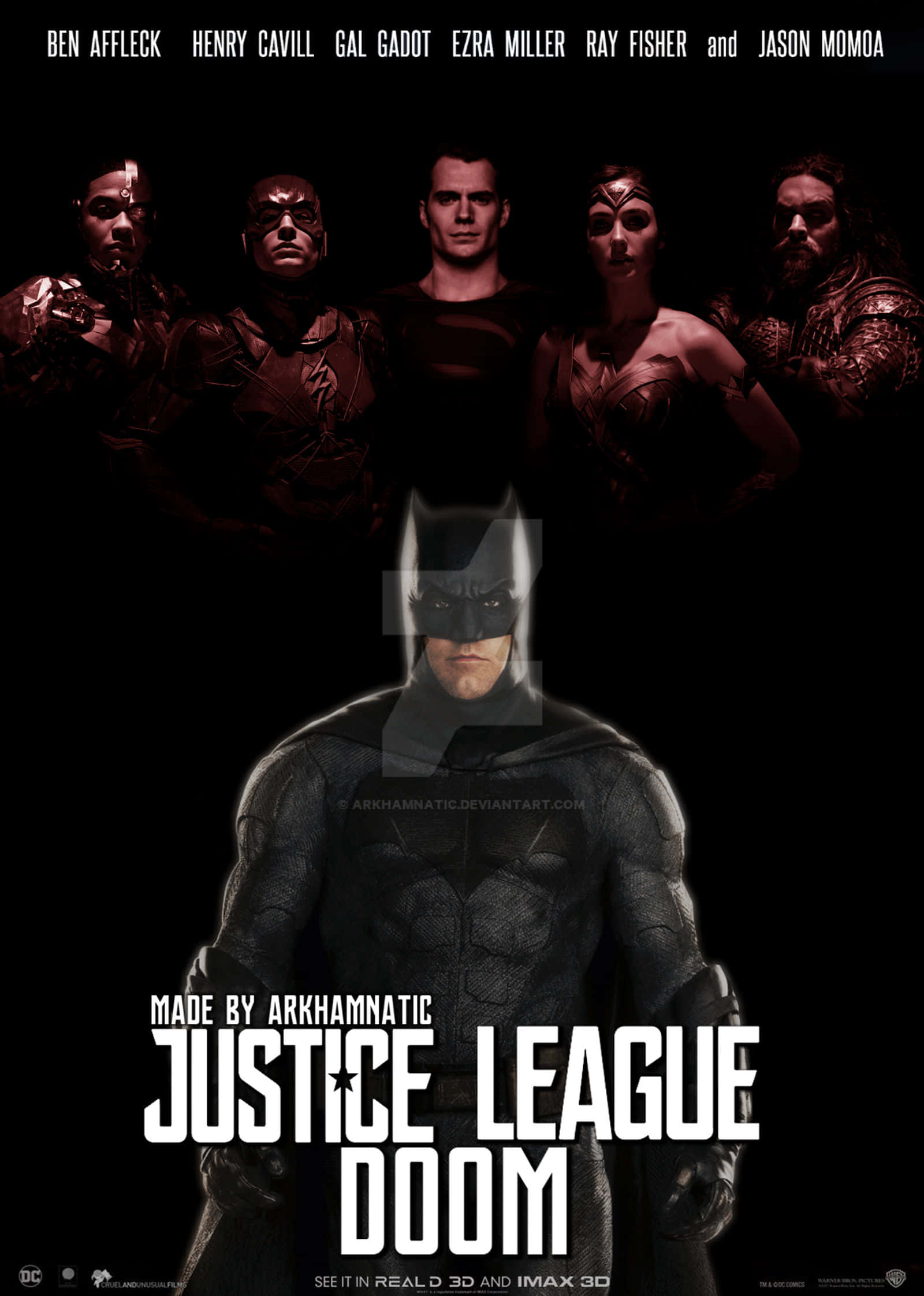 Justice League Doom 桌布 壁紙 — 蝙蝠俠站在前景，正義聯盟成員在他身後，黑暗電影風格海報。