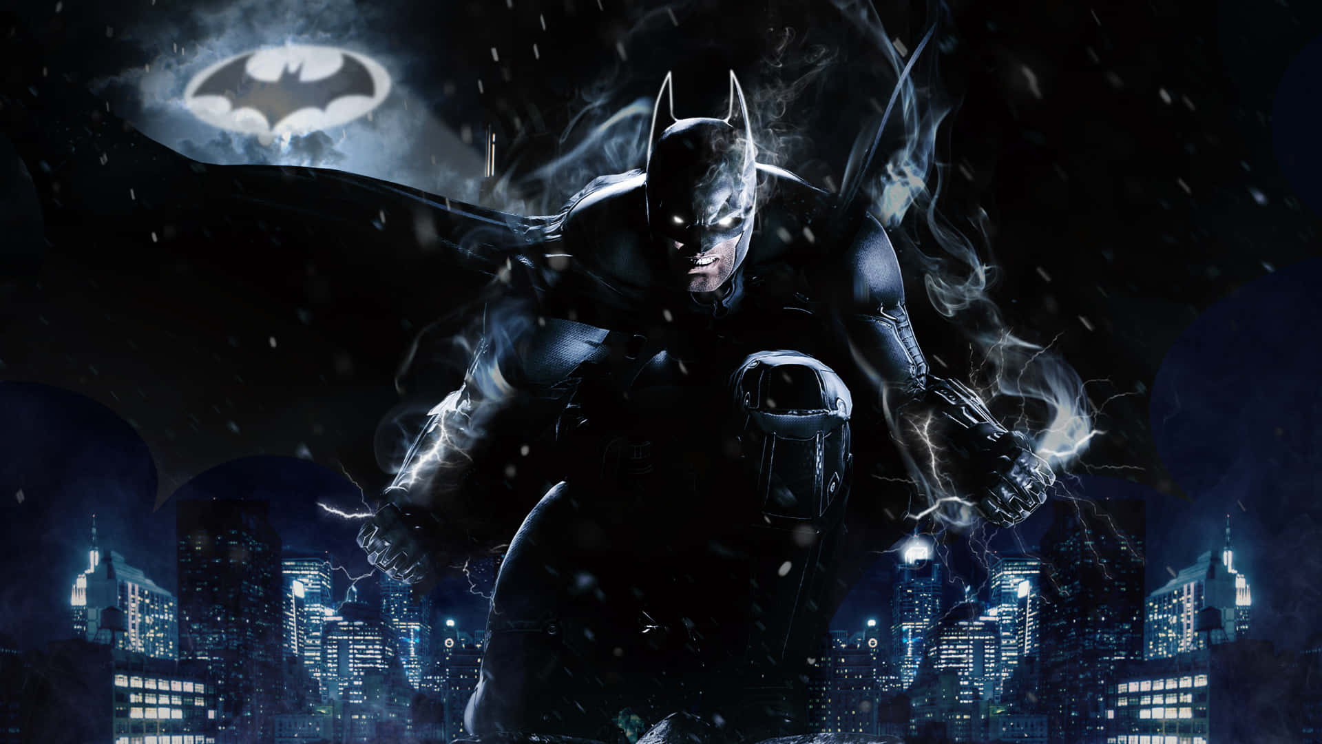 Bat Signal 桌布 壁紙 — 蝙蝠俠站在暴風雨的葛咸城夜晚，閃電在他周圍劈啪作響，蝙蝠信號在城市天際線上方閃耀。