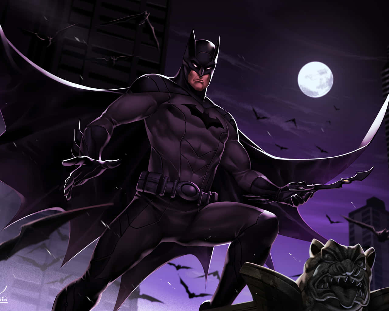 The Caped Crusader 桌布 壁紙 — 蝙蝠俠站在滿月下的屋頂上，披風飄揚，蝙蝠在他周圍飛翔，背景是深紫色的城市景觀。