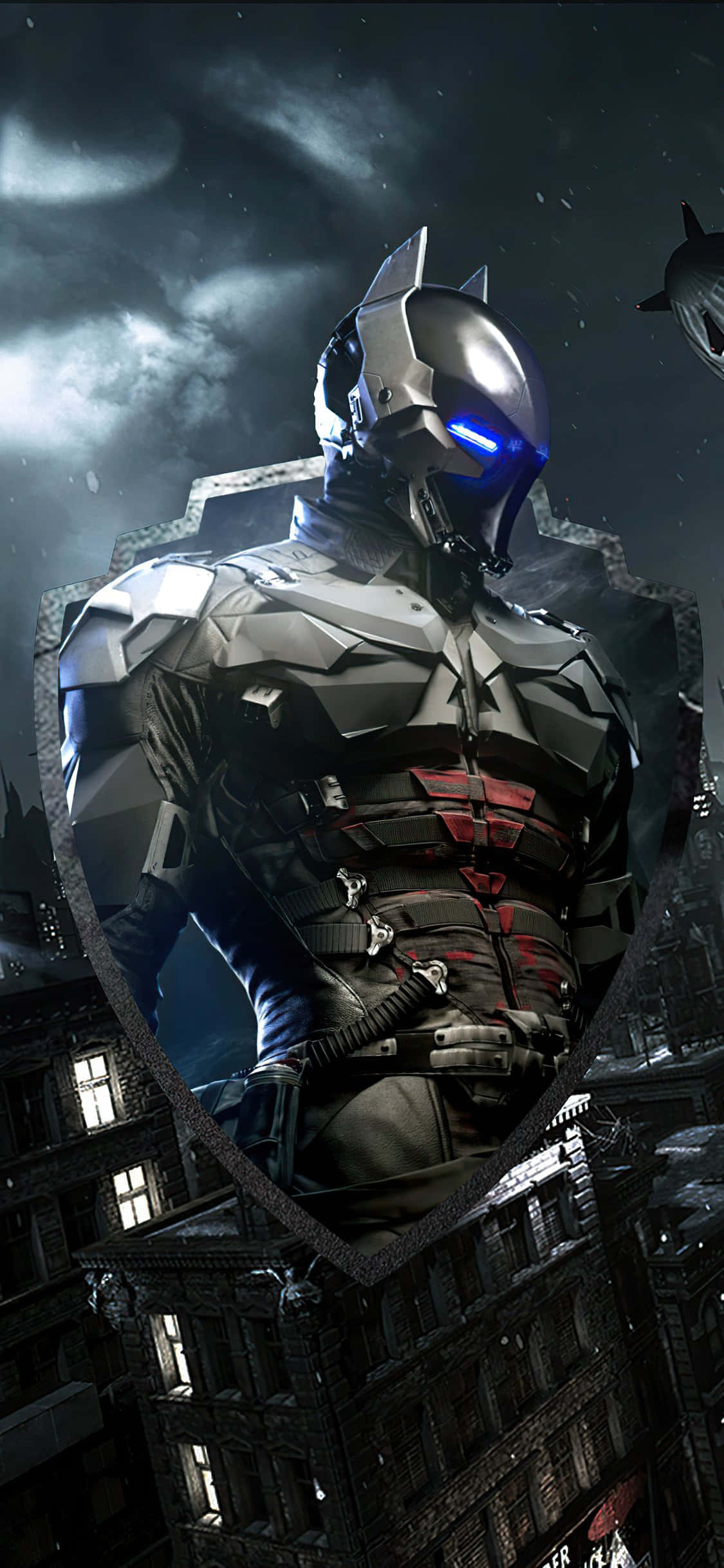 Batman Arkham Knight 桌布 壁紙 — 蝙蝠俠站在破碎的鏡子中，上方是暴風雨天空下的黑暗城市景觀，雙眼發出藍光。