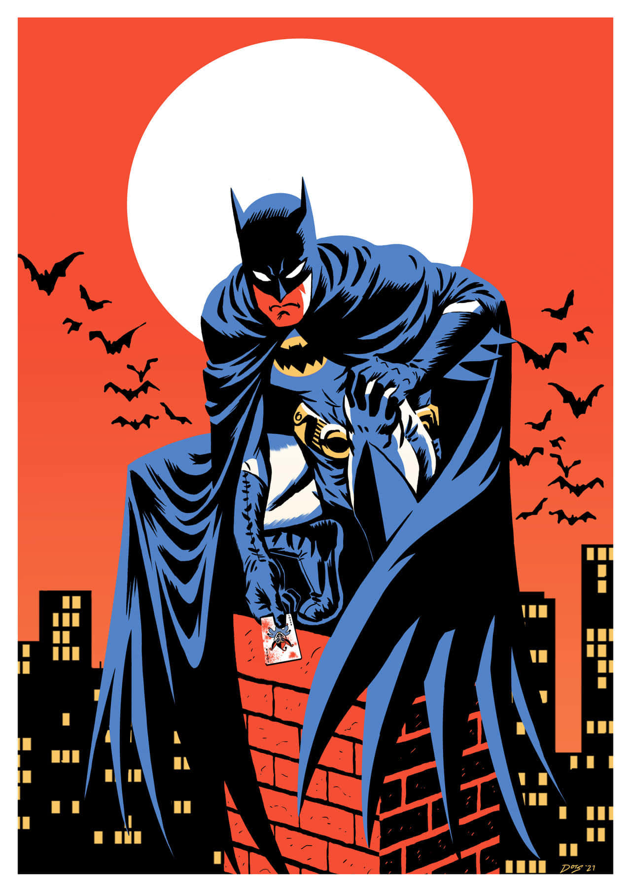 The Caped Crusader 桌布 壁紙 — 蝙蝠俠站在磚屋頂上，背景是火紅的橙色天空、白色月亮和飛翔的蝙蝠。