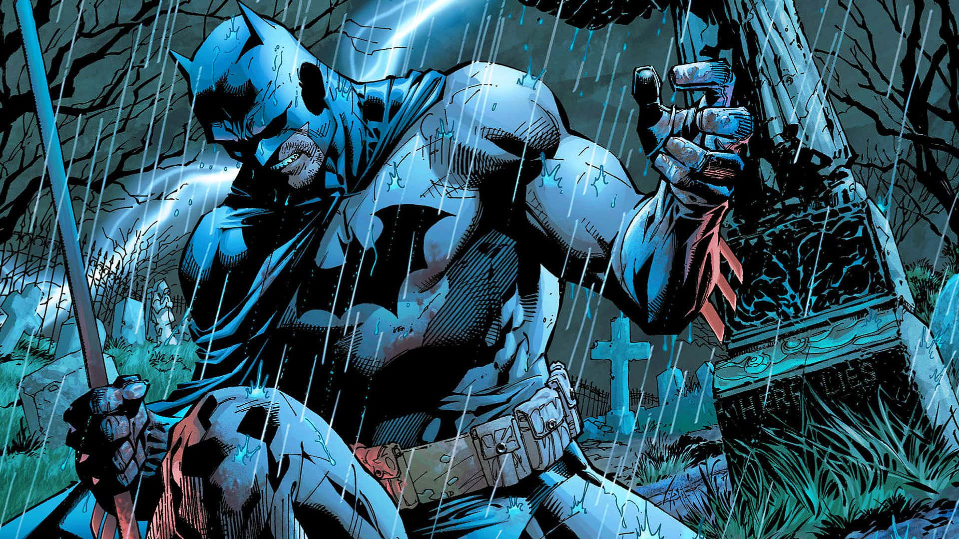 Bat-suit 桌布 壁紙 — 蝙蝠俠站在被雨水浸濕的墓地中，在黑暗暴風雨的天空下，面帶陰沉表情緊握著墓碑。