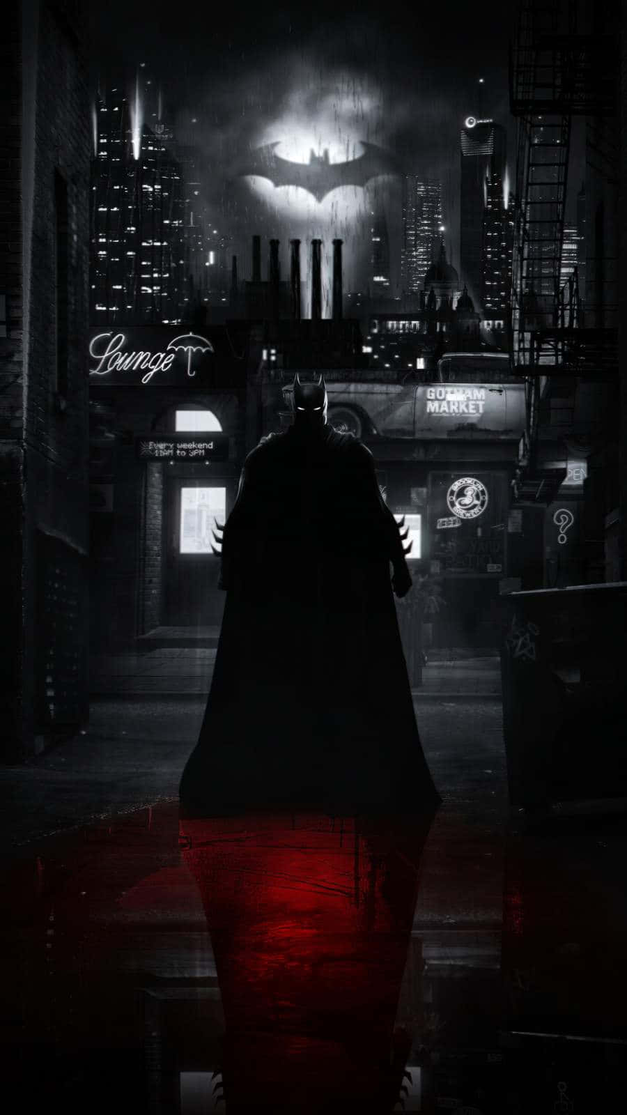 Bat Signal 桌布 壁紙 — 蝙蝠俠站在被雨水浸濕的高譚市小巷中，他的蝙蝠標誌在城市天際線上方發光。