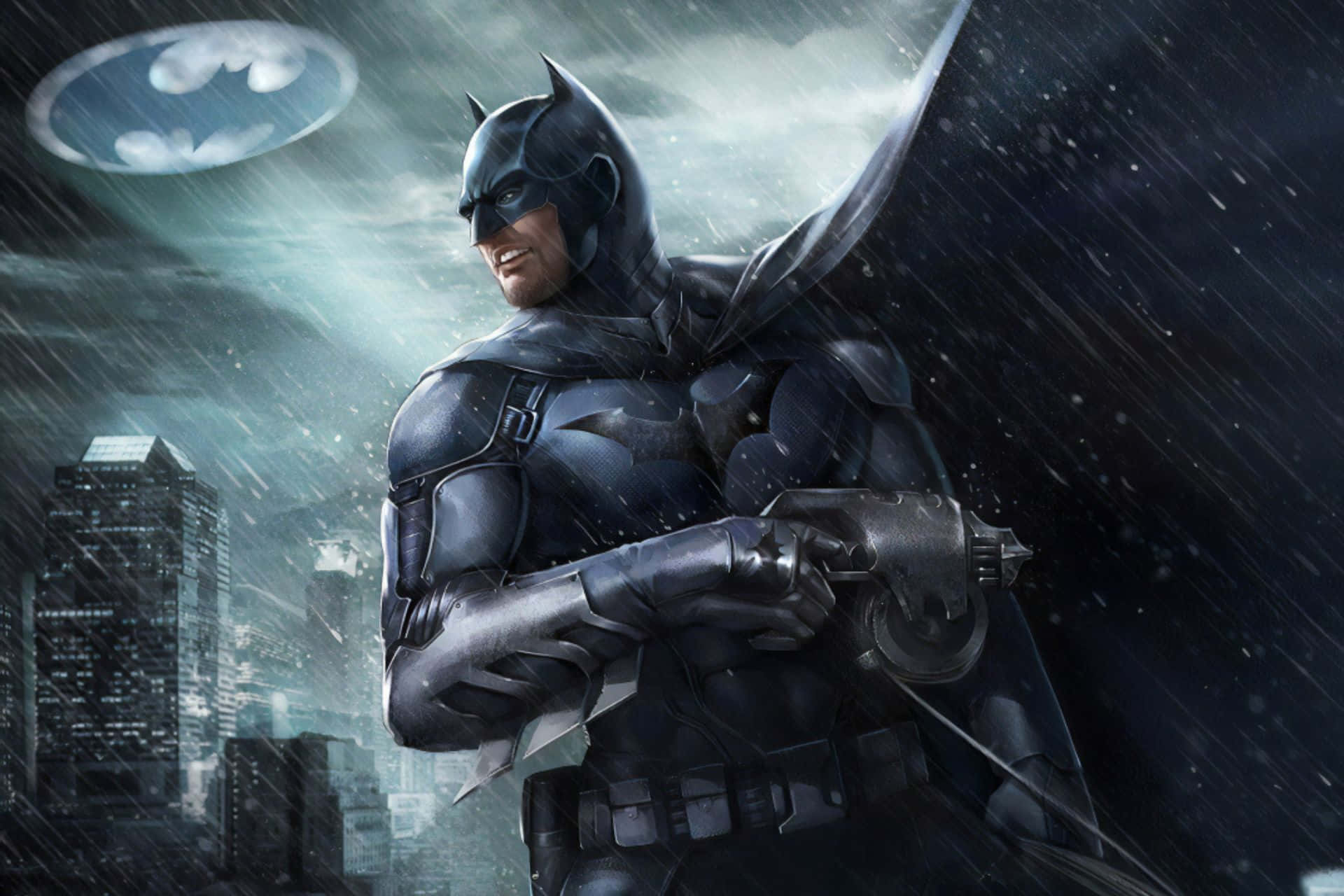 Bat Signal 桌布 壁紙 — 蝙蝠俠站在被雨水浸濕的高譚市景觀中，在暴風雨的天空下拿著抓鉤槍，他的標誌在上方發光。