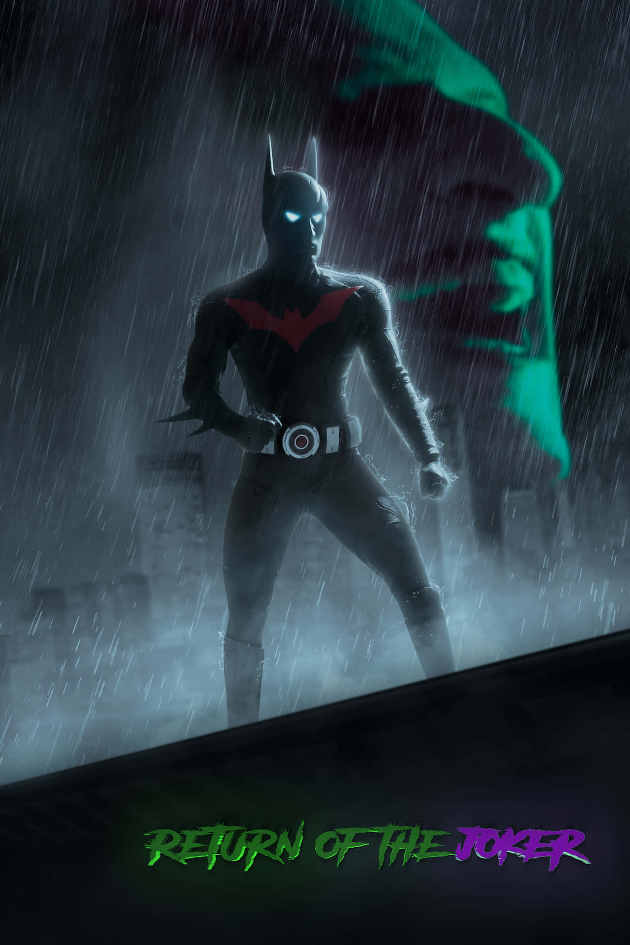 Batman Beyond Return Of The Joker 桌布 壁紙 — 蝙蝠俠站在被雨水浸透的城市小巷中，一個綠色小丑的剪影在他身後隱現，場景黑暗且風雨交加。