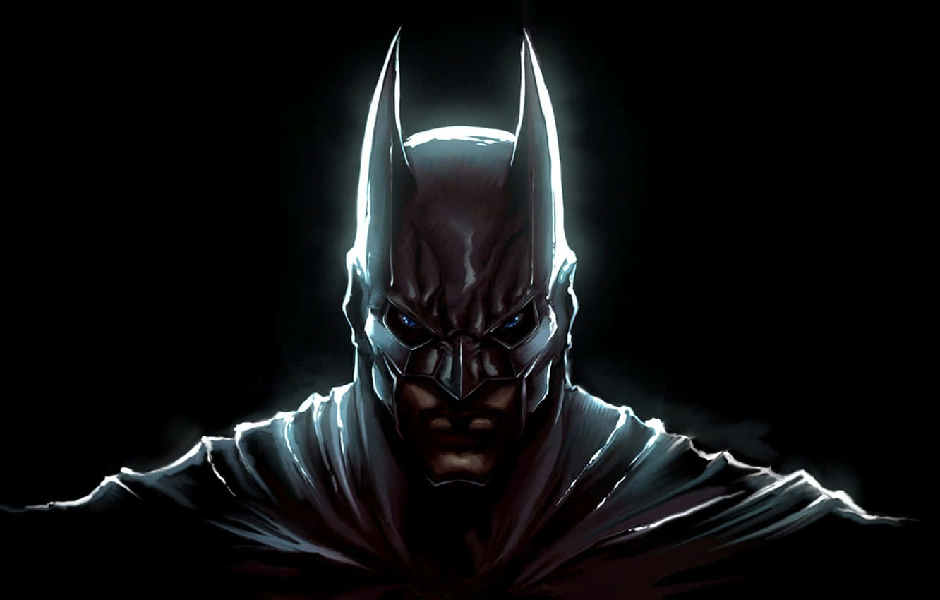 Bruce Wayne 桌布 壁紙 — 蝙蝠俠站在陰影中，雙眼發光，斗篷飄揚，在黑色虛空的襯托下被強烈的背光照亮。