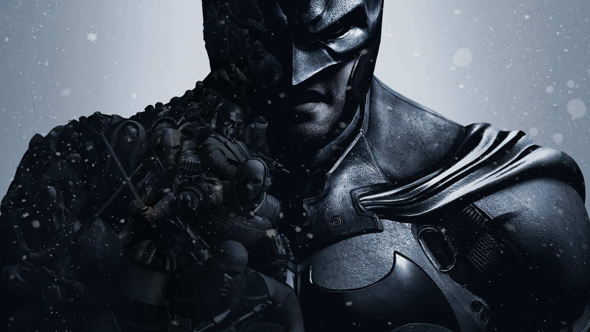 Bruce Wayne 桌布 壁紙 — 蝙蝠俠站在雪暴中，表情陰沉，他的裝甲肩膀上浮現出敵人的鬼影。