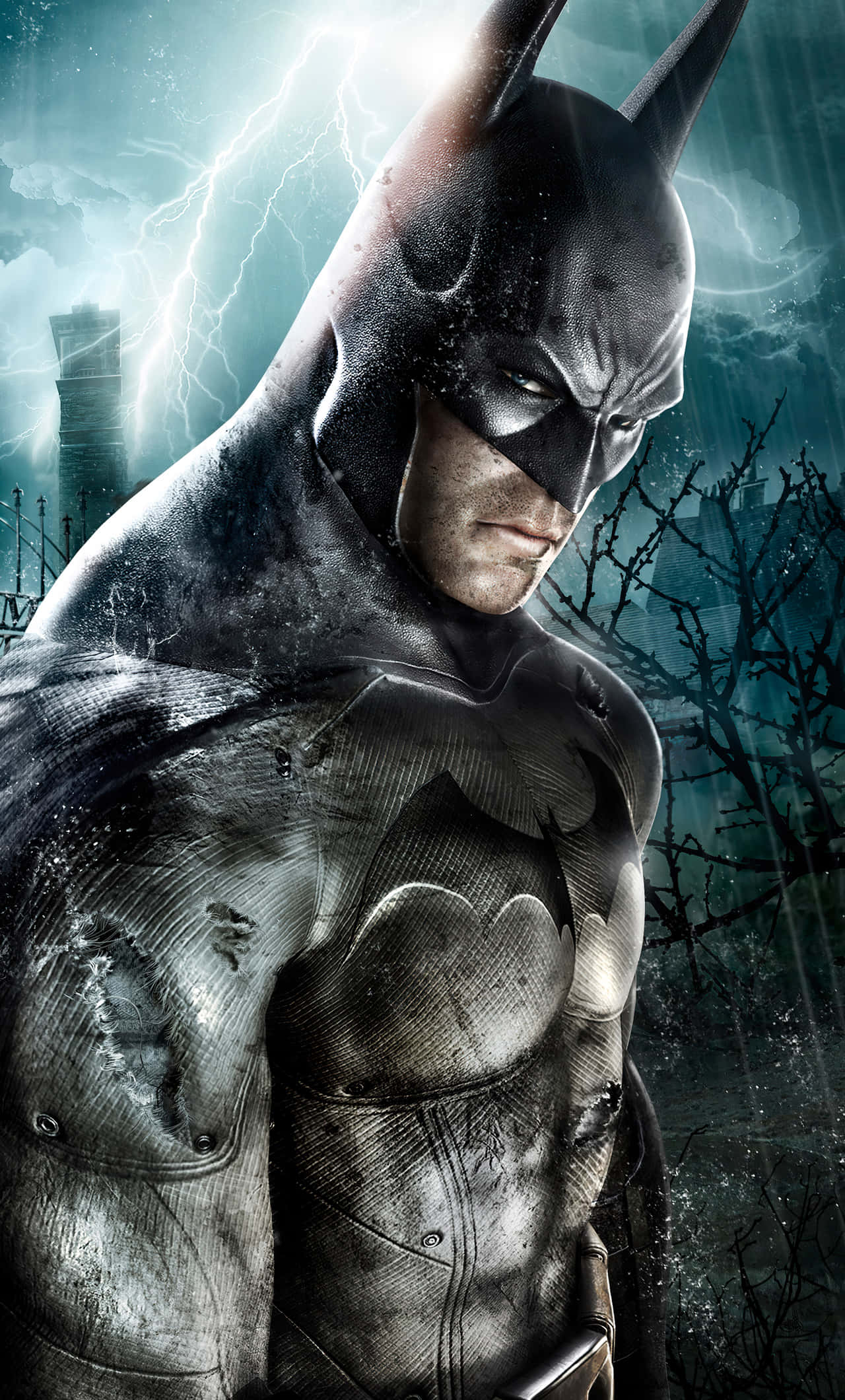 Arkham Asylum 桌布 壁紙 — 蝙蝠俠站在風雨交加的高譚市中，身後閃電劃破天際，四周是雨水浸透的廢墟。