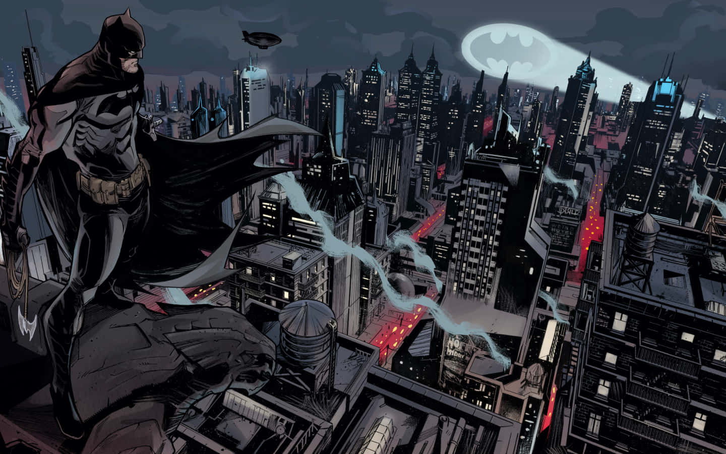 Bat Signal 桌布 壁紙 — 蝙蝠俠站在高譚市屋頂上，俯瞰著霓虹閃爍的城市景觀，上方懸掛著發光的蝙蝠標誌月亮。