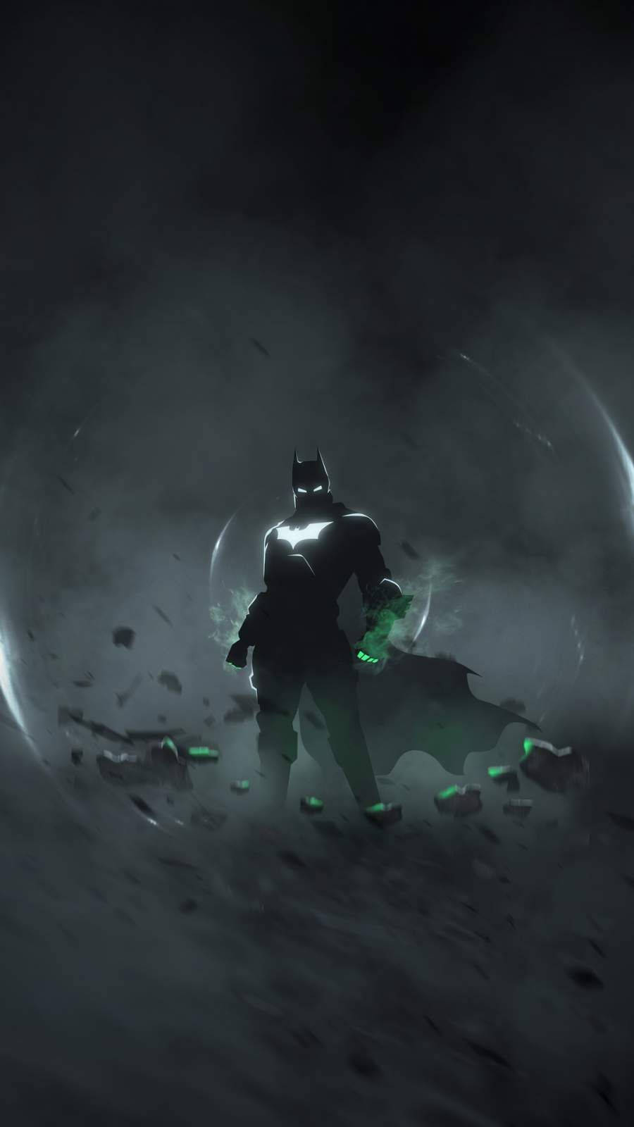 Hero 桌布 壁紙 — 蝙蝠俠站在黑暗隧道中，拳頭和披風周圍有發光的綠色能量噼啪作響。