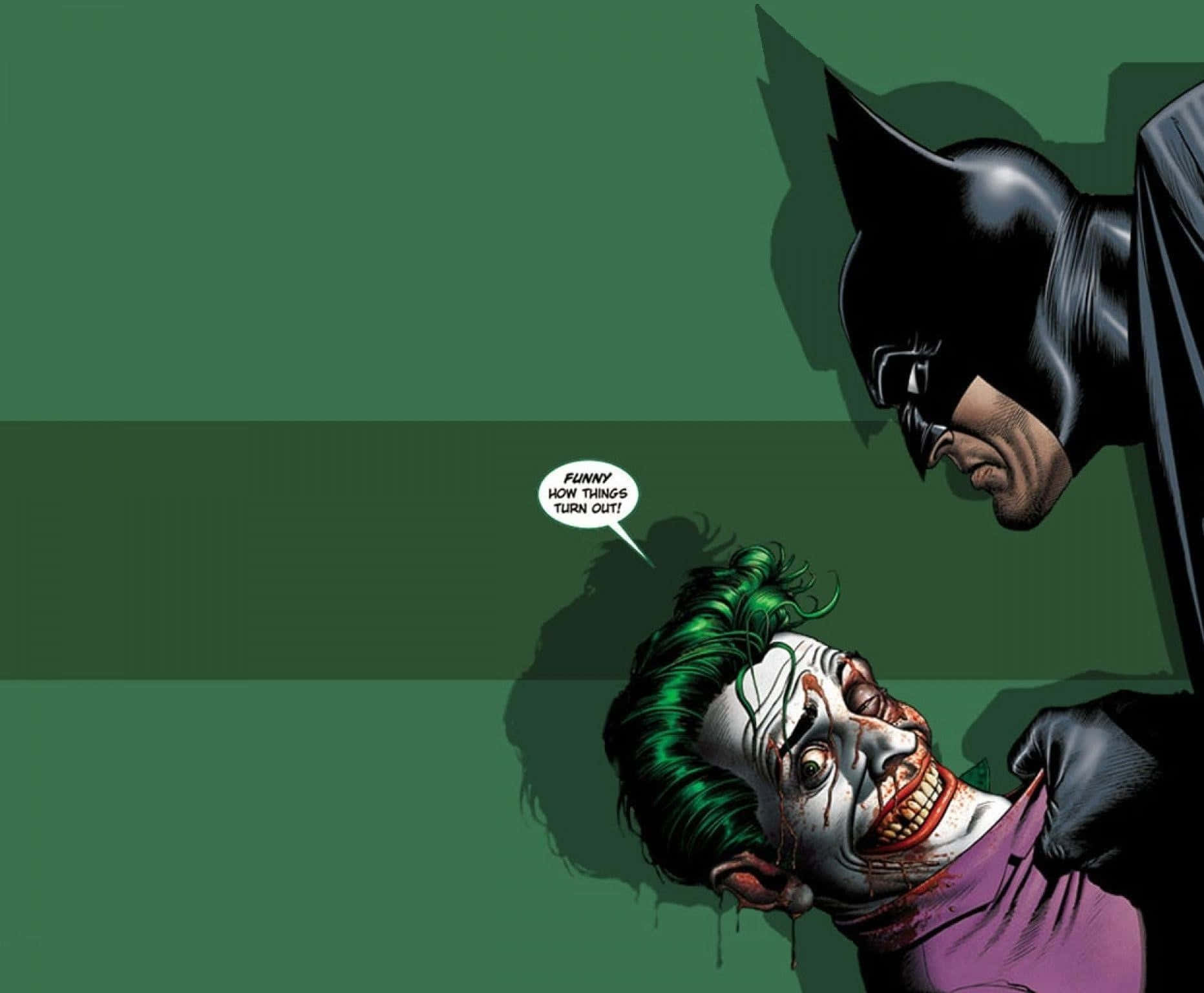 Joker Comic 桌布 壁紙 — 蝙蝠俠籠罩著一個渾身是血的小丑，他對著一片鮮綠色的背景瘋狂大笑。