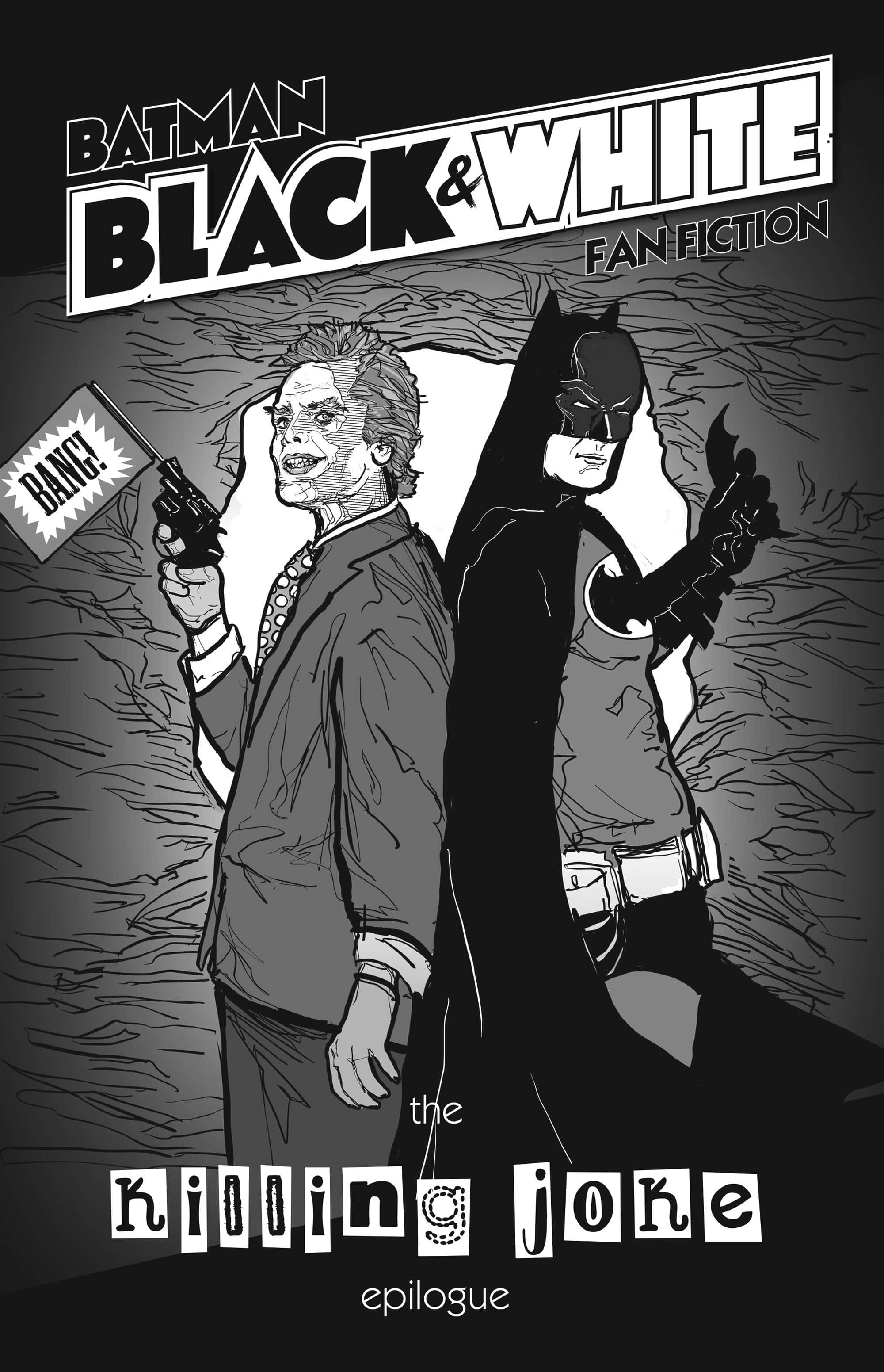 The Killing Joke 桌布 壁紙 — 蝙蝠俠與《致命玩笑》中的反派以鮮明的黑白漫畫藝術呈現，並帶有'BANG!'音效。