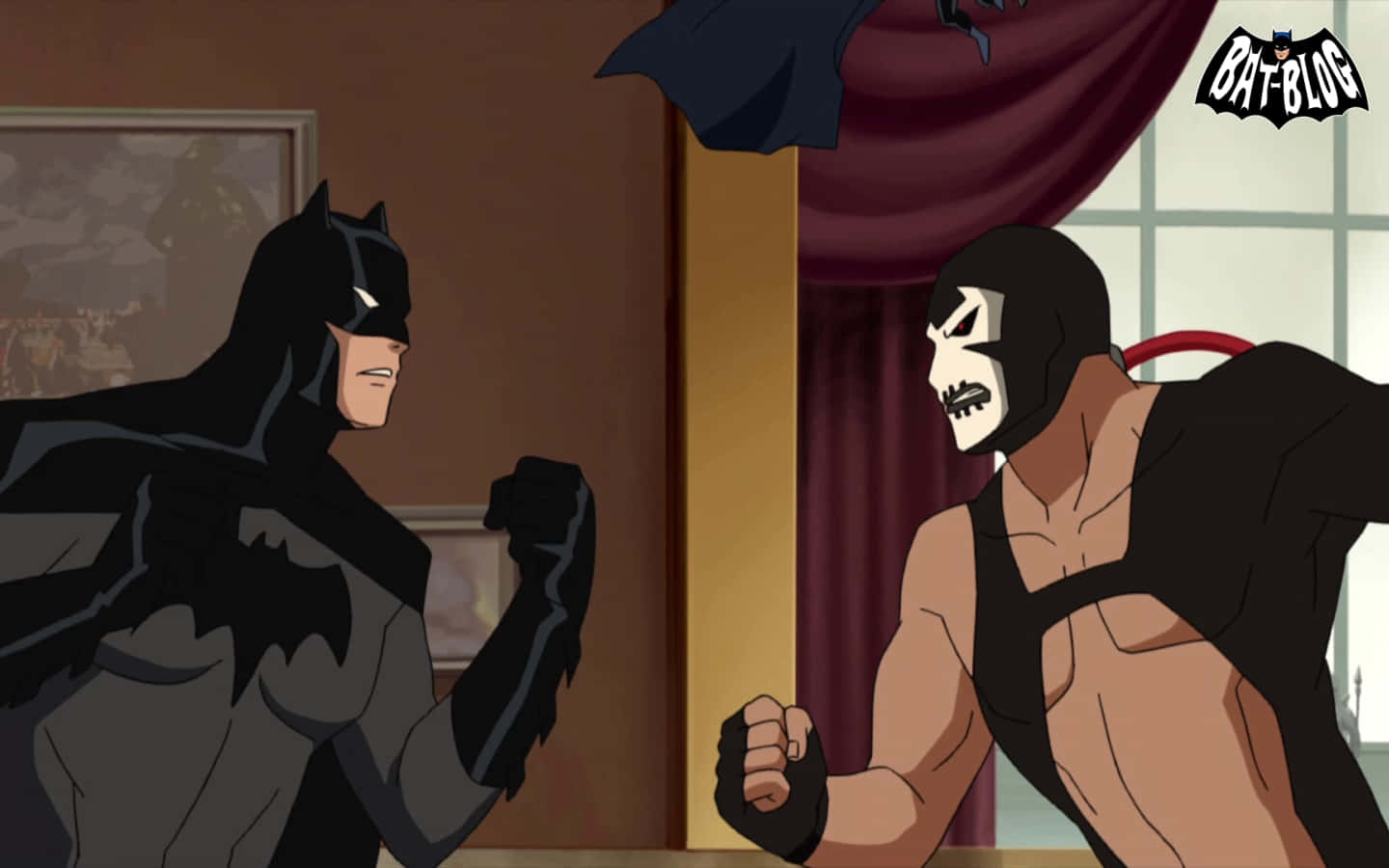 Justice League Doom 桌布 壁紙 — 蝙蝠俠與一名蒙面摔角手在緊張的室內對峙中，戲劇性的燈光下展開對決。