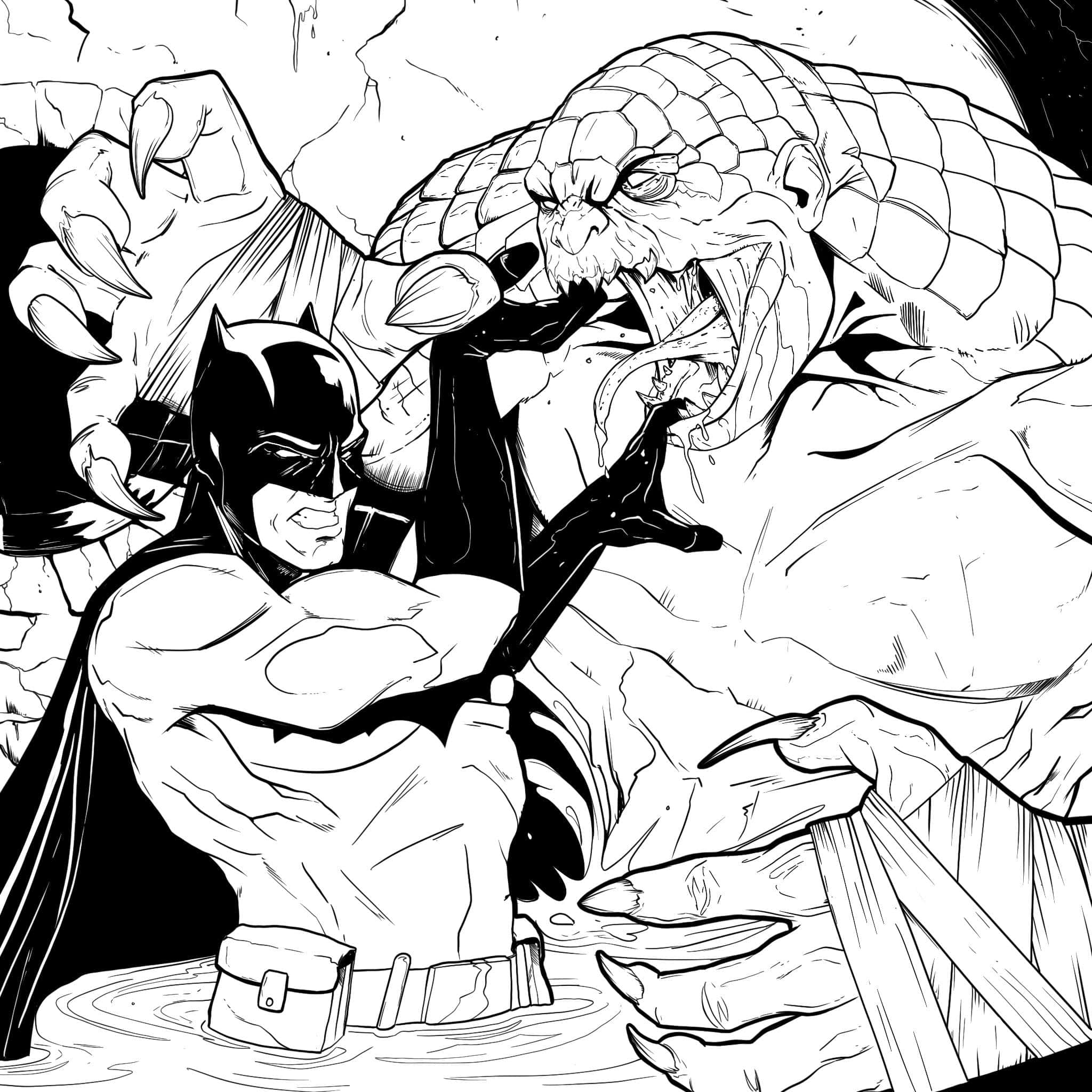 Killer Croc 桌布 壁紙 — 蝙蝠俠與一隻怪獸般的爬蟲類生物在動態的黑白漫畫插圖中戰鬥。