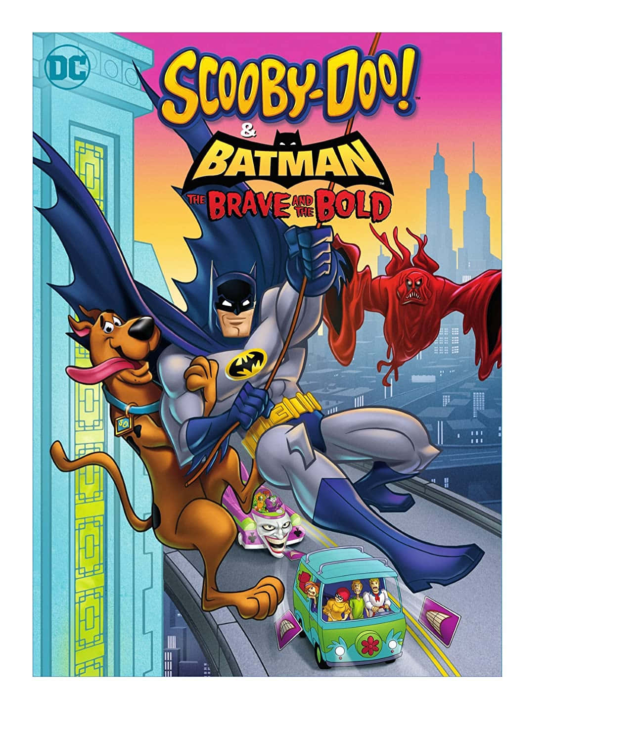 Batman The Brave And The Bold 桌布 壁紙 — 蝙蝠俠與史酷比聯手在屋頂上追捕一隻紅色怪物，背後是城市天際線。