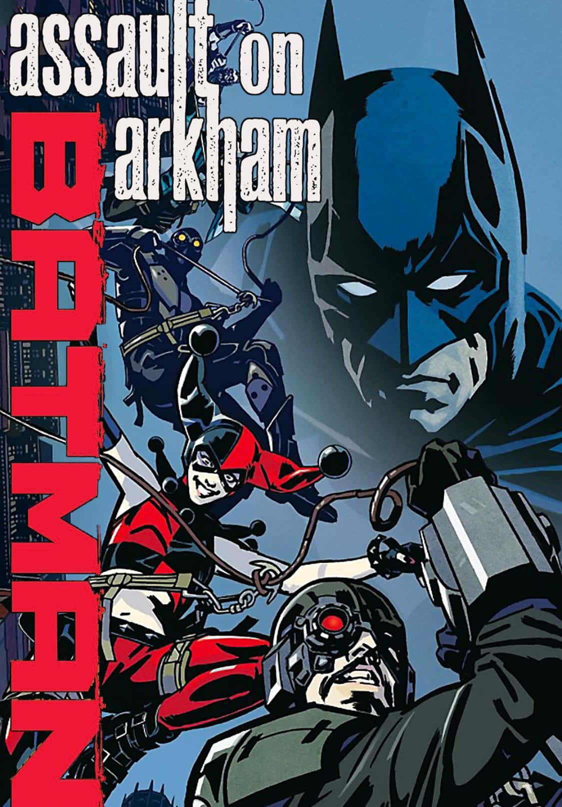 Batman Assault On Arkham 桌布 壁紙 — 蝙蝠俠與哈莉·奎茵及其他反派在動態漫畫動作場景中對峙。