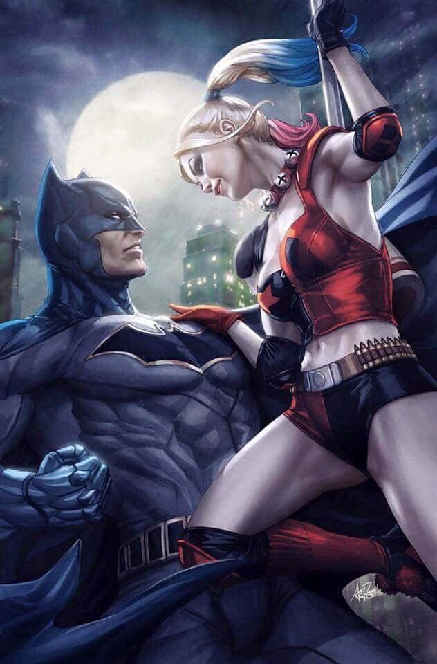 Batman Reborn 桌布 壁紙 — 蝙蝠俠與哈莉·奎茵在滿月下於戲劇性的夜景中對峙。