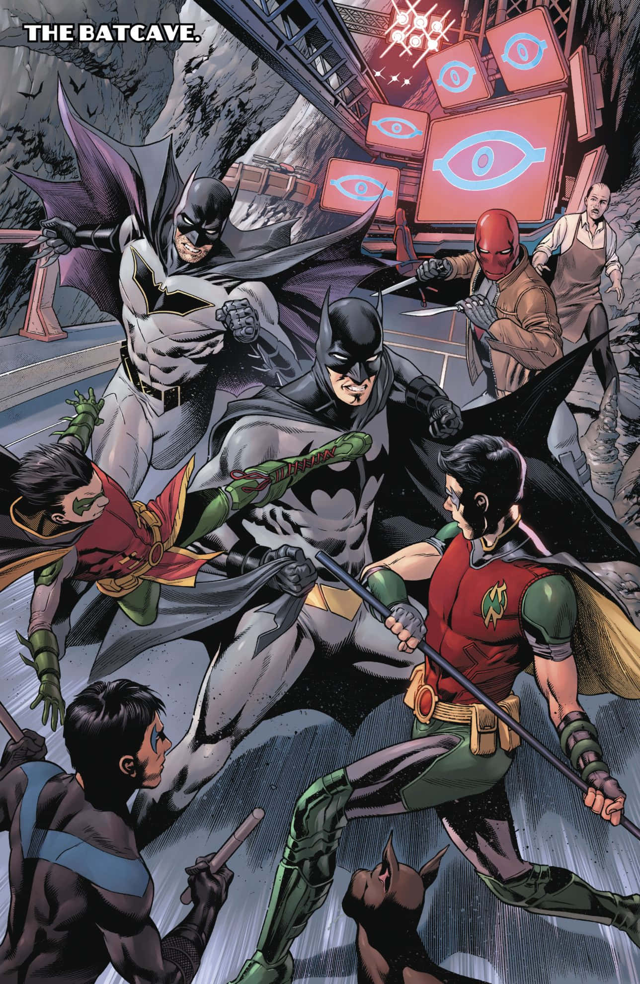 Tim Drake 桌布 壁紙 — 蝙蝠俠與多位羅賓在陰暗的蝙蝠洞中衝突，配有發光的眼睛監視器和動態動作線條。