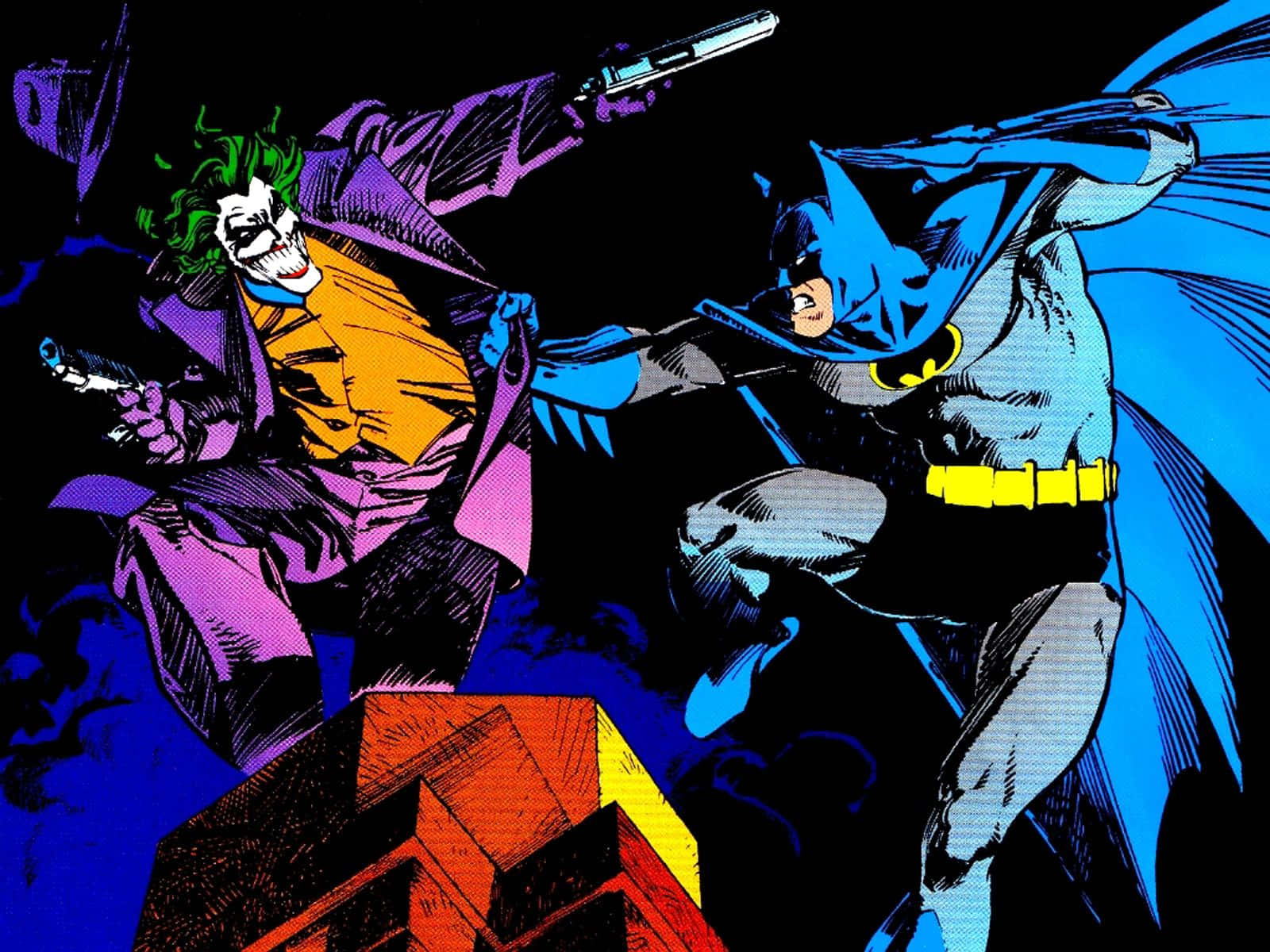 Joker Comic 桌布 壁紙 — 蝙蝠俠與小丑在一個動態漫畫面板中碰撞，色彩大膽，姿勢戲劇化，背景是黑暗的城市景觀。