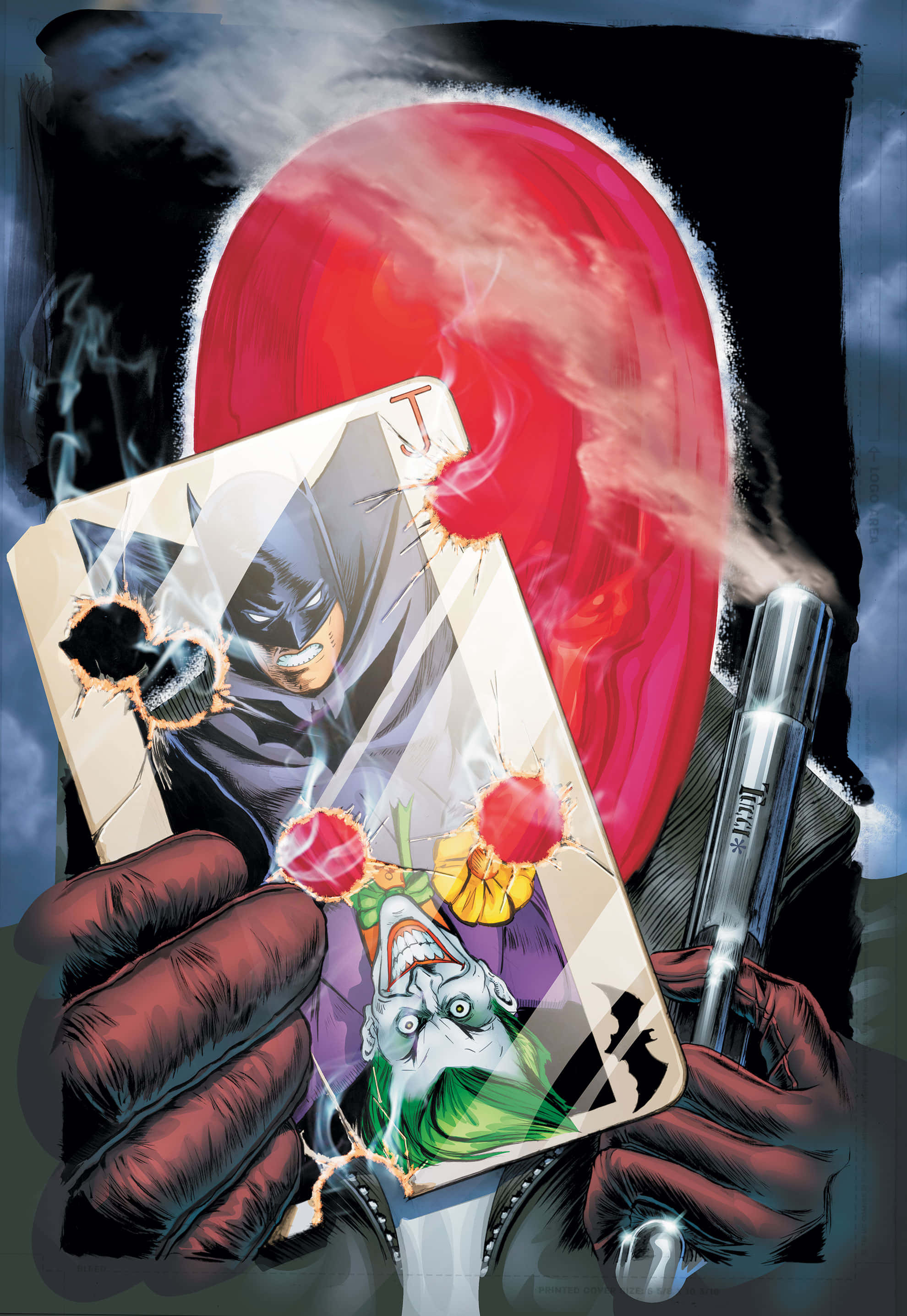 Red Hood 桌布 壁紙 — 蝙蝠俠與小丑在戴手套的手握著的破碎撲克牌上衝突，背景是旋轉的紅色和黑色。
