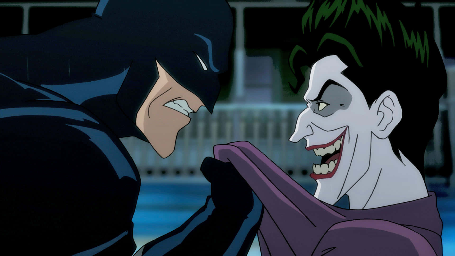 The Killing Joke 桌布 壁紙 — 蝙蝠俠與小丑在昏暗的藍色燈光下進行緊張的動畫對峙。