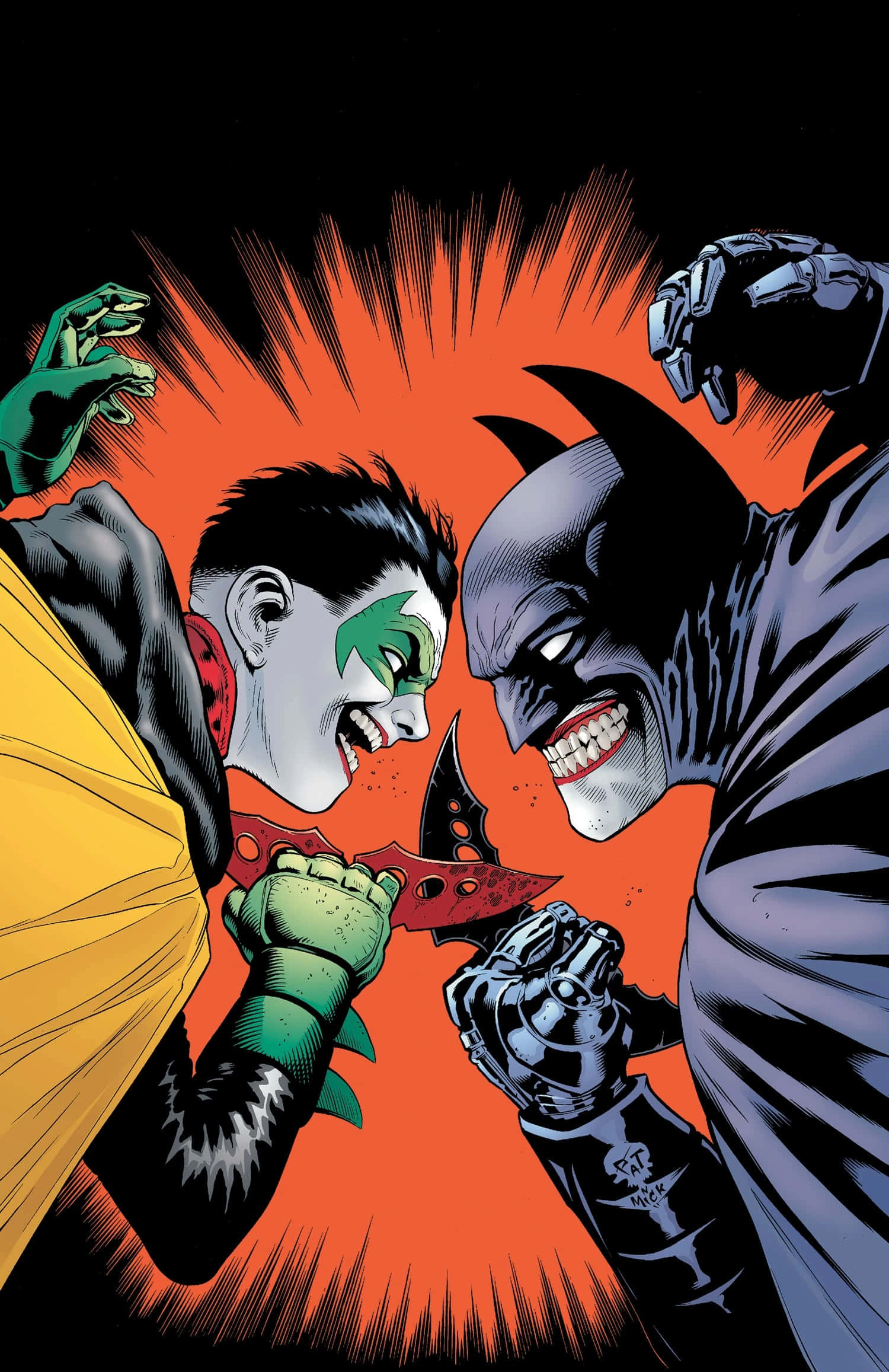 Batman Vs Robin 桌布 壁紙 — 蝙蝠俠與小丑在暴力漫畫插圖中對峙，線條銳利，背景為火熱的橙色。