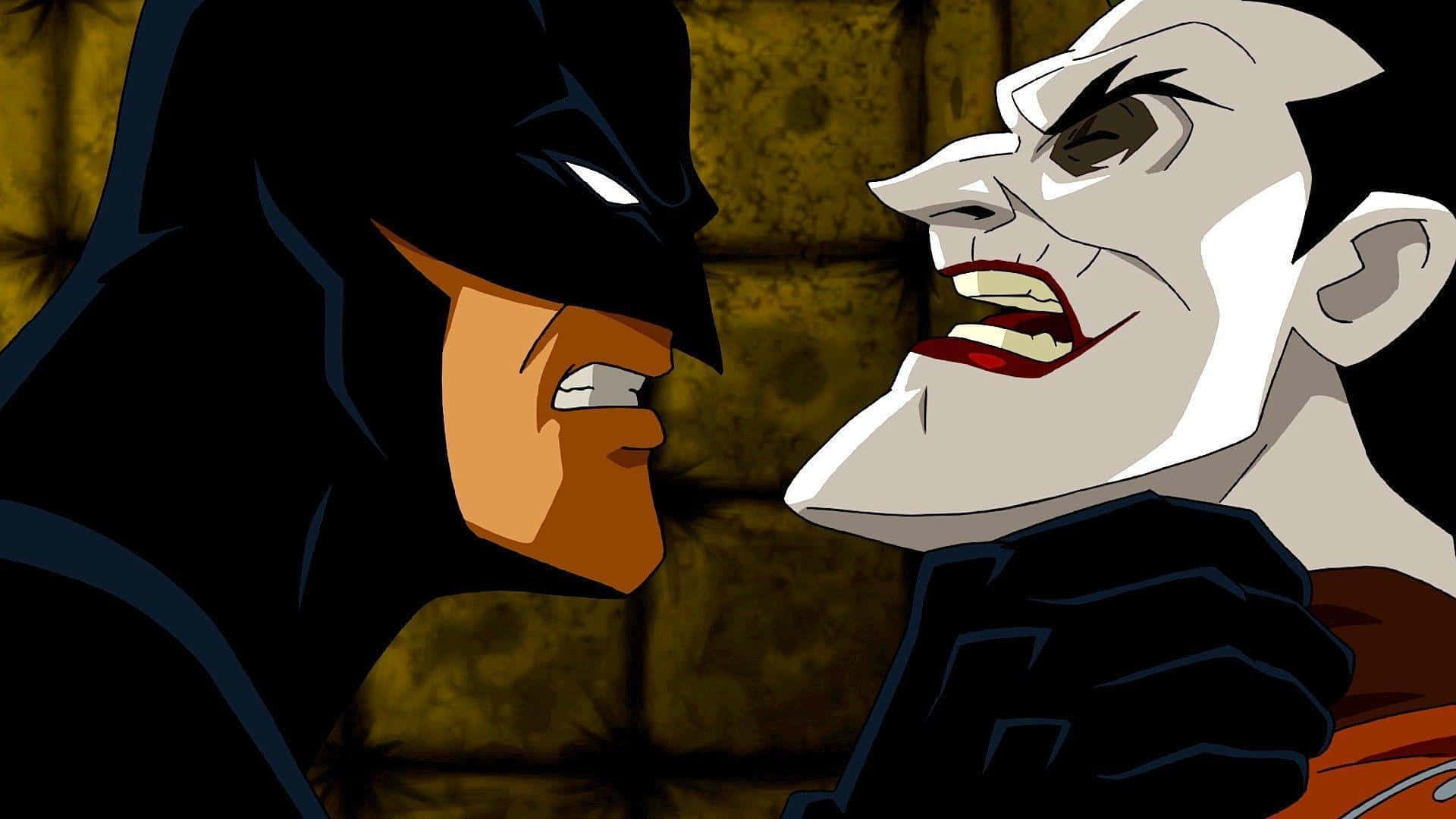 Batman Under The Red Hood 桌布 壁紙 — 蝙蝠俠與小丑在緊張的動畫對峙中正面交鋒，燈光鮮明，線條大膽。