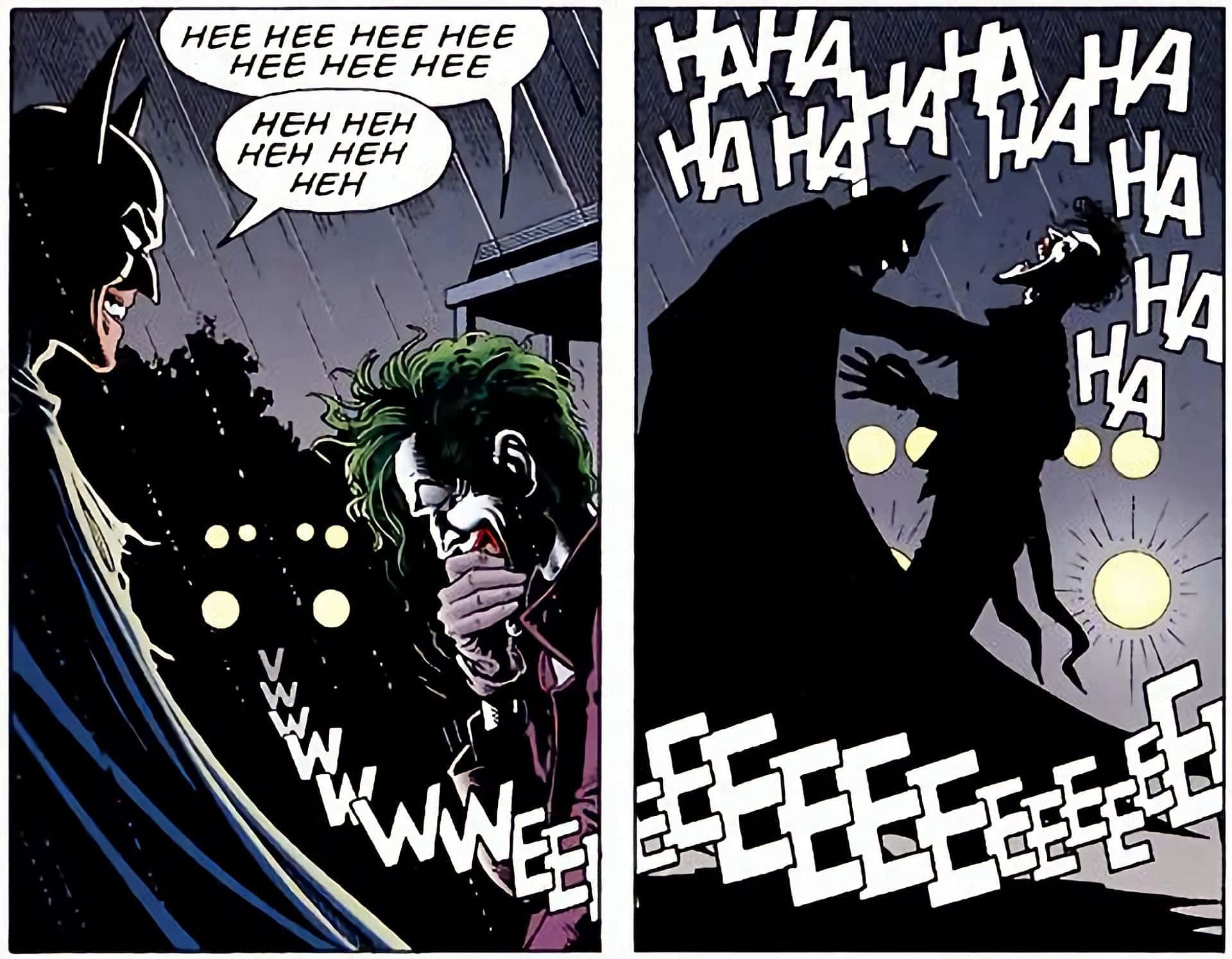 The Killing Joke 桌布 壁紙 — 蝙蝠俠與小丑在黑暗的雨巷中狂笑，周圍有發光球體和風格化的對話氣泡。