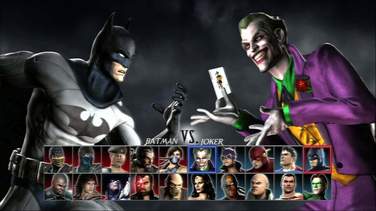 Mortal Kombat Vs Dc Universe 桌布 壁紙 — 蝙蝠俠與小丑戲劇性地對峙，小丑手持一張撲克牌，下方角色選擇圖標閃爍。