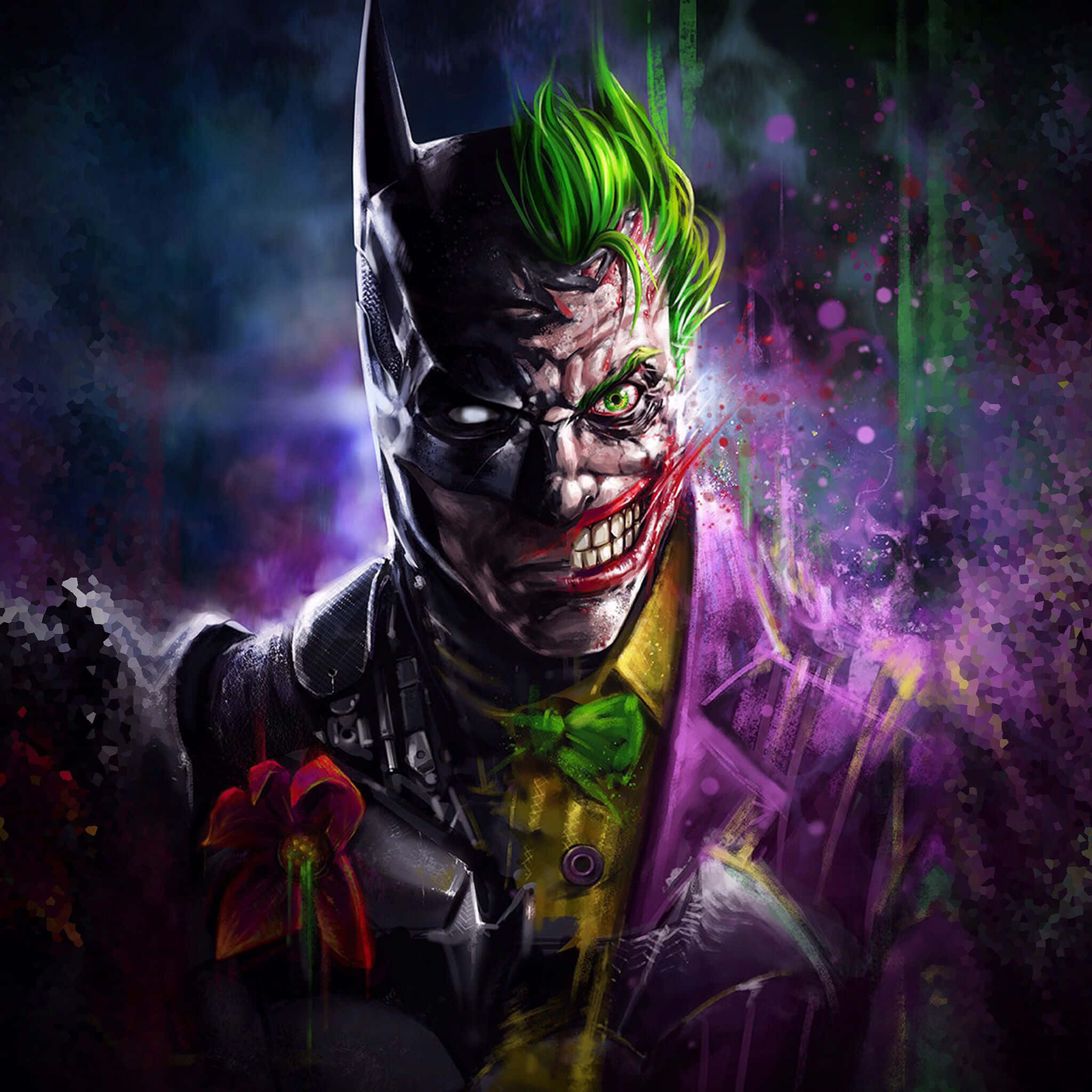 Joker Art 桌布 壁紙 — 蝙蝠俠與小丑的威脅性融合，綠色頭髮和邪惡笑容，背景是混亂的紫色和綠色潑濺。